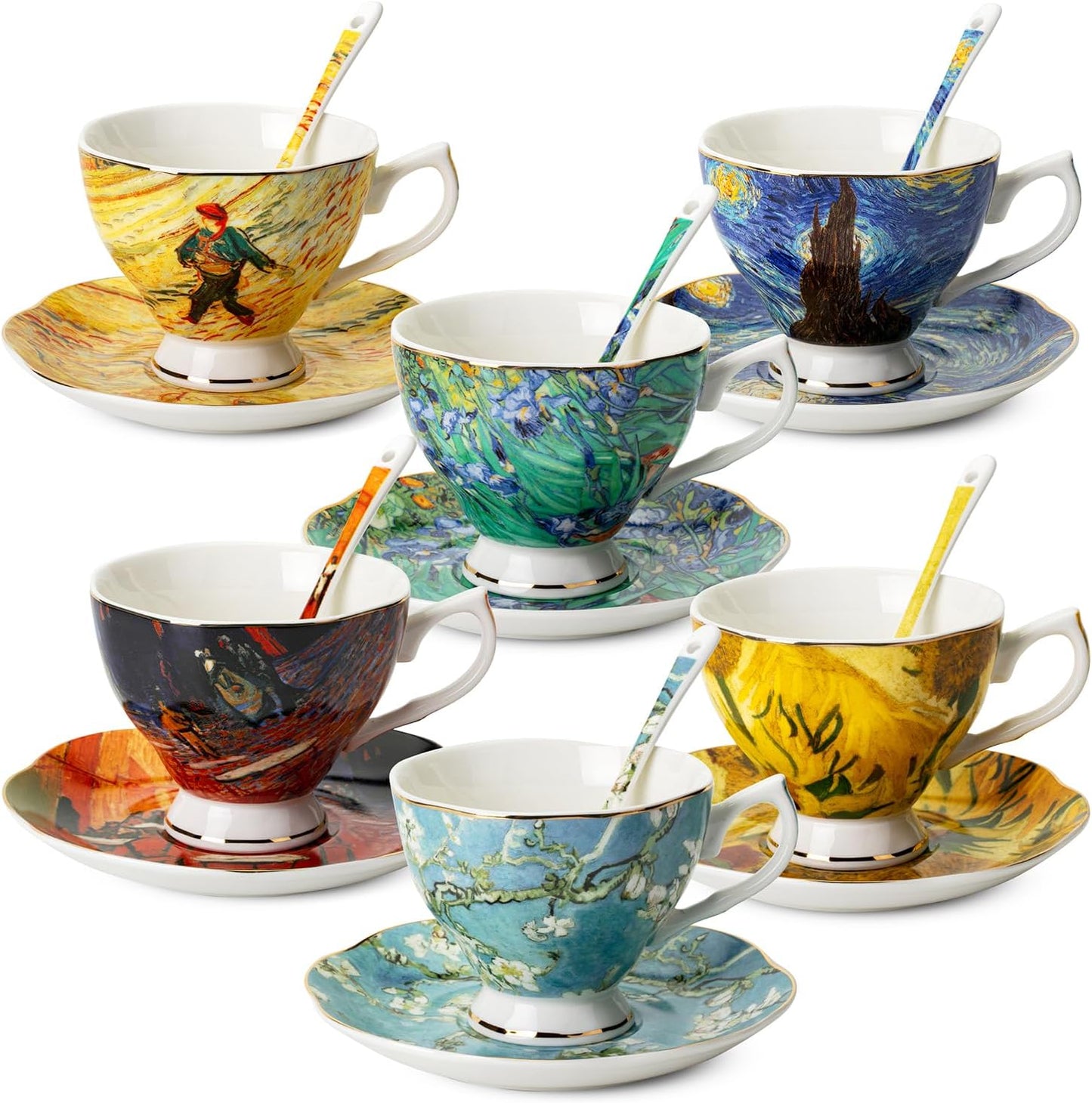 BTaT- Tea Cups and Saucers Set of 6 (8 oz), Porcelain, Tea Cup Set with Spoon, Tea Cups Set of 6