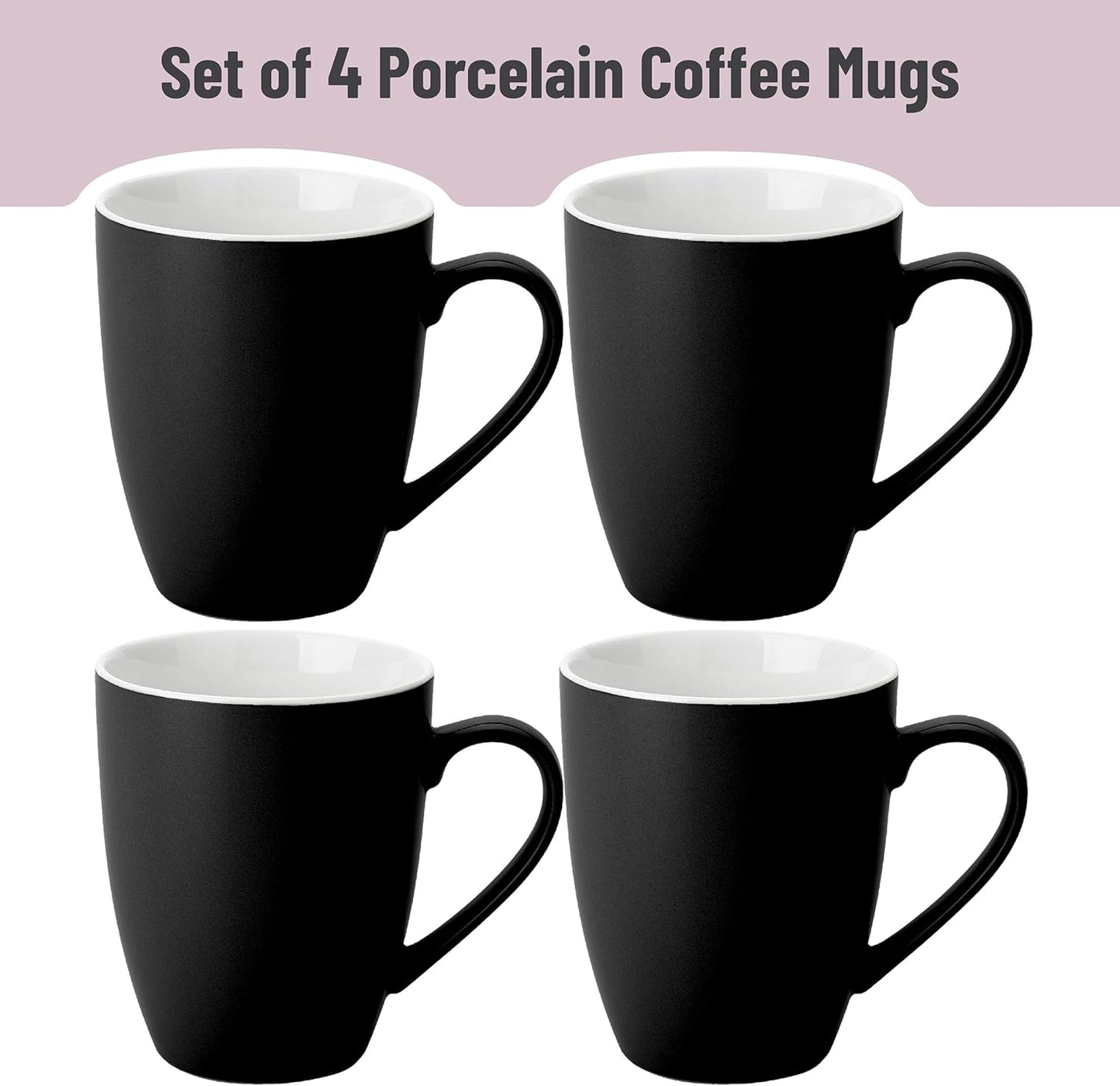 BTaT- Coffee Mugs, Set of 4, 16oz, Fine Bone China Porcelain, Black Coffee Mugs for Coffee Mug Set