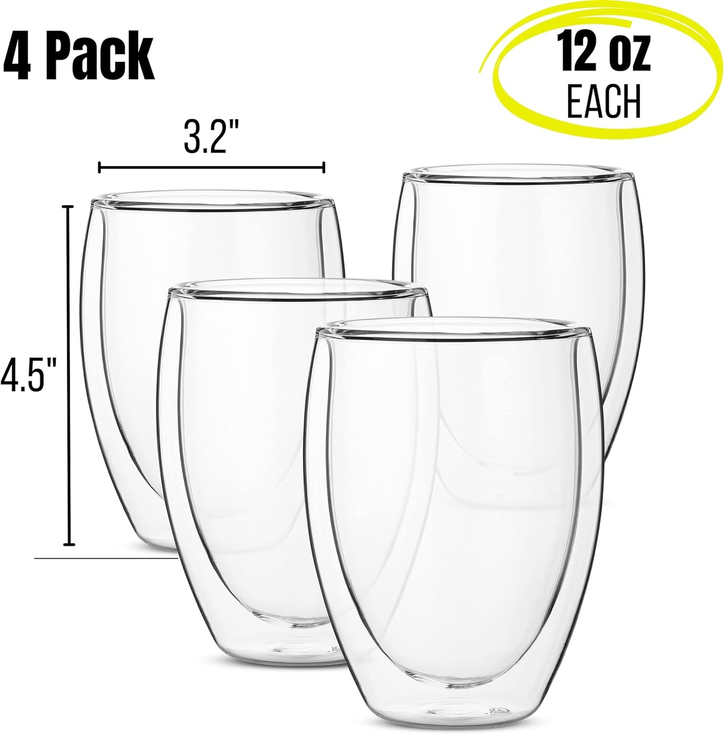 BTaT- Double Wall Wine Glasses, 4 Pack, 12 oz, Wine Glasses, Stemless Wine Glass, Double Wall Glass Cup