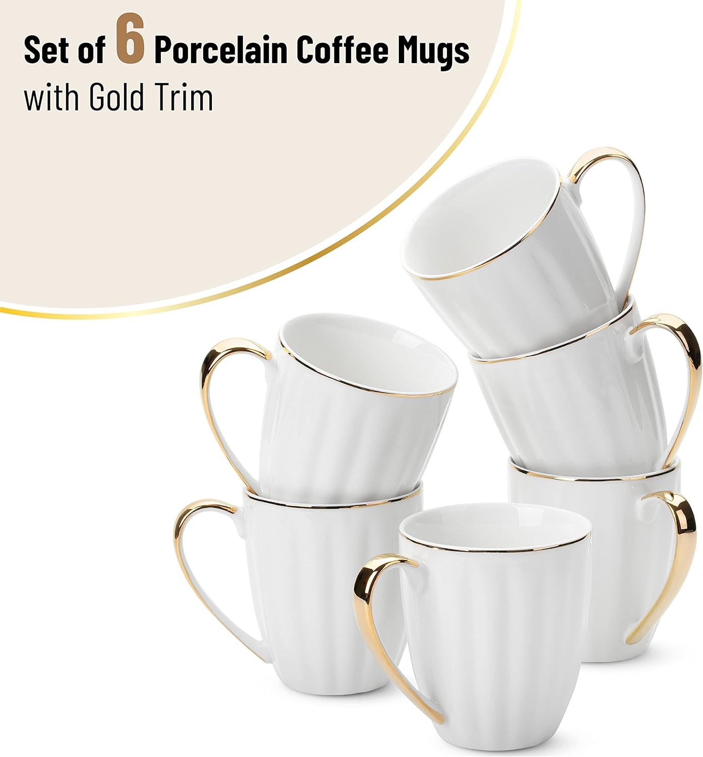 BTaT- White Coffee Mugs, Set of 6, 12oz, White Porcelain with Gold Trim Coffee Mug Set