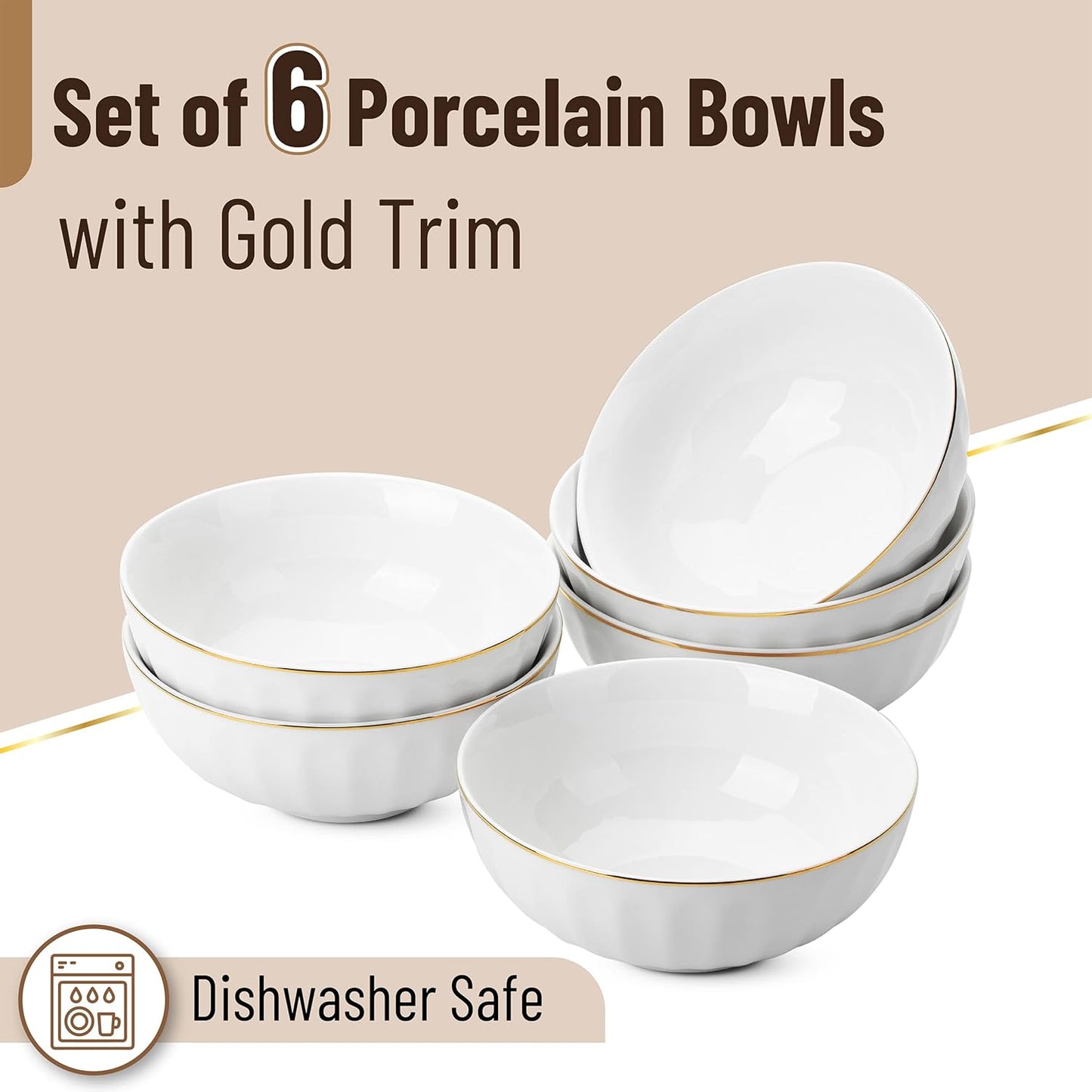 BTaT- White Porcelain Bowls with Gold Trim, 16 OZ, Set of 6, White Bowls Set of 6