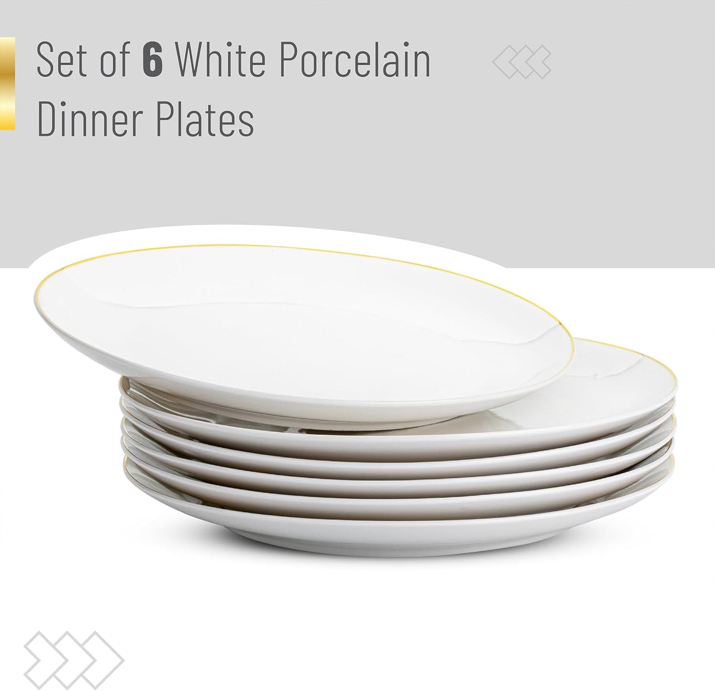 BTaT- White Porcelain Dinner Plates with Gold Rim, Set of 6, 10.5", Porcelain Dinner Plates