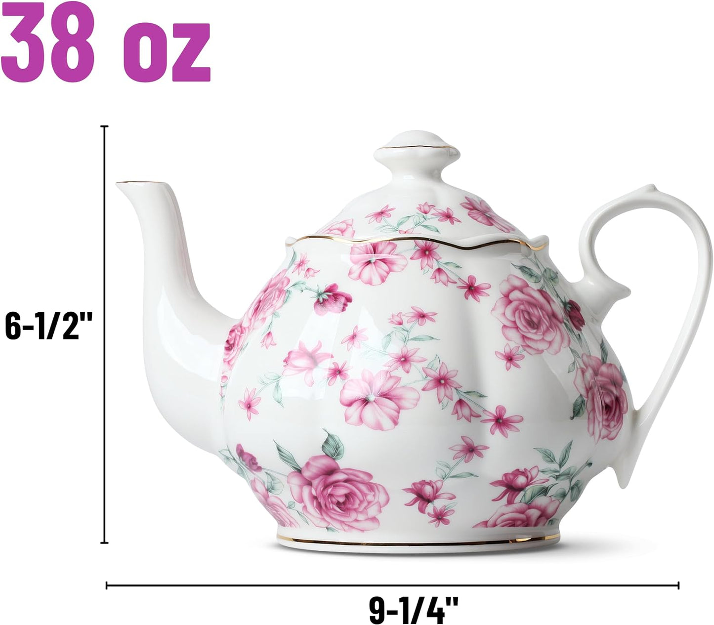 BTaT- Floral Tea Pot, Porcelain Teapot, 38 oz, Floral Teapot, Bone China Teapot for Tea Set