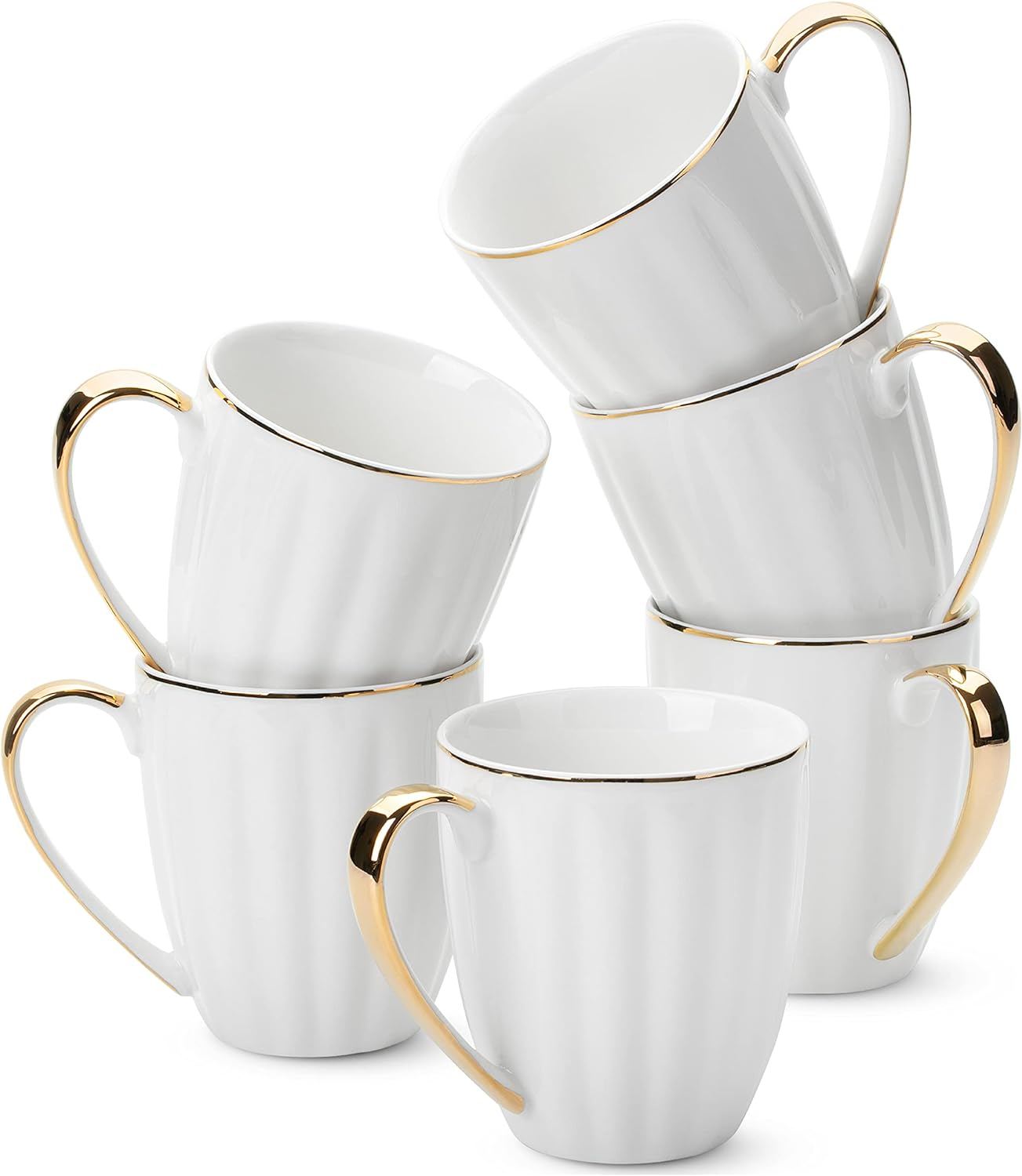 BTaT- White Coffee Mugs, Set of 6, 12oz, White Porcelain with Gold Trim Coffee Mug Set