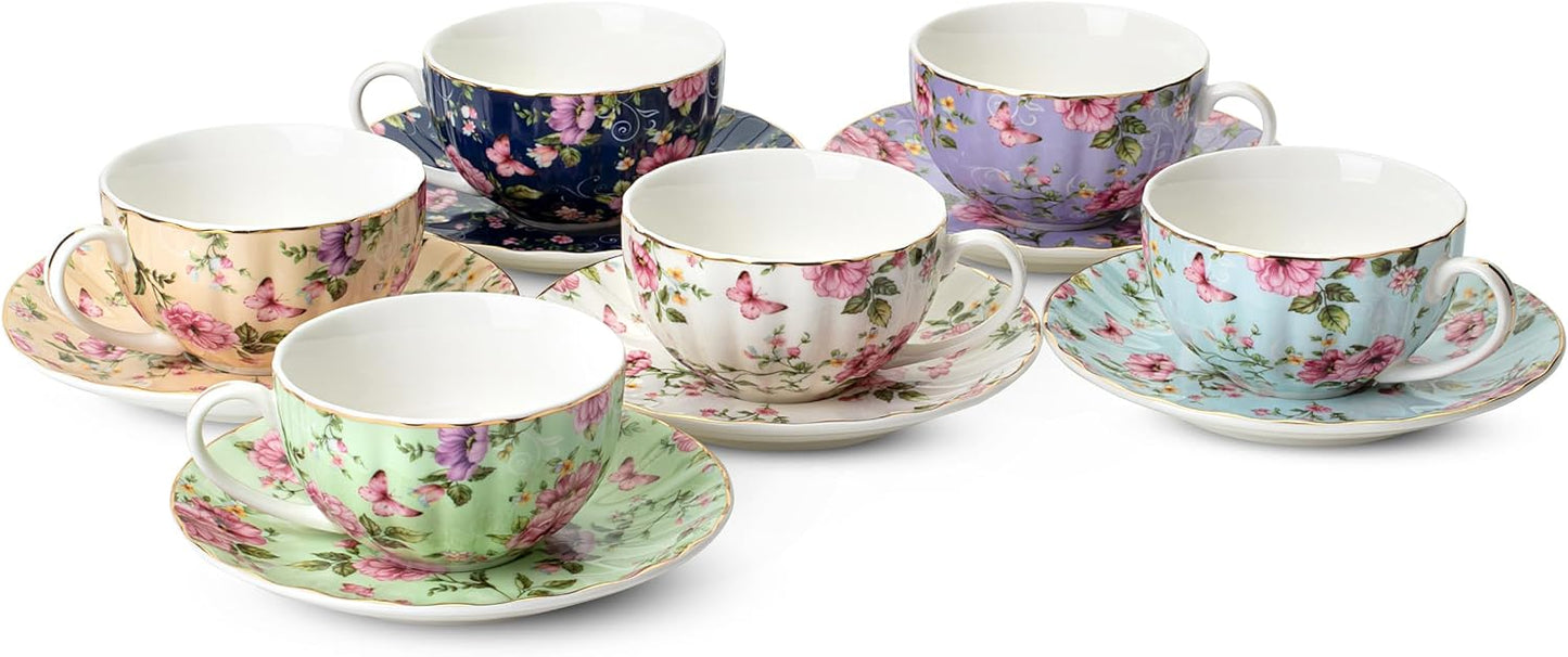 BTaT- Floral Tea Cups and Saucers, 7 oz, Tea Cups Set of 6, Porcelain Tea Cups