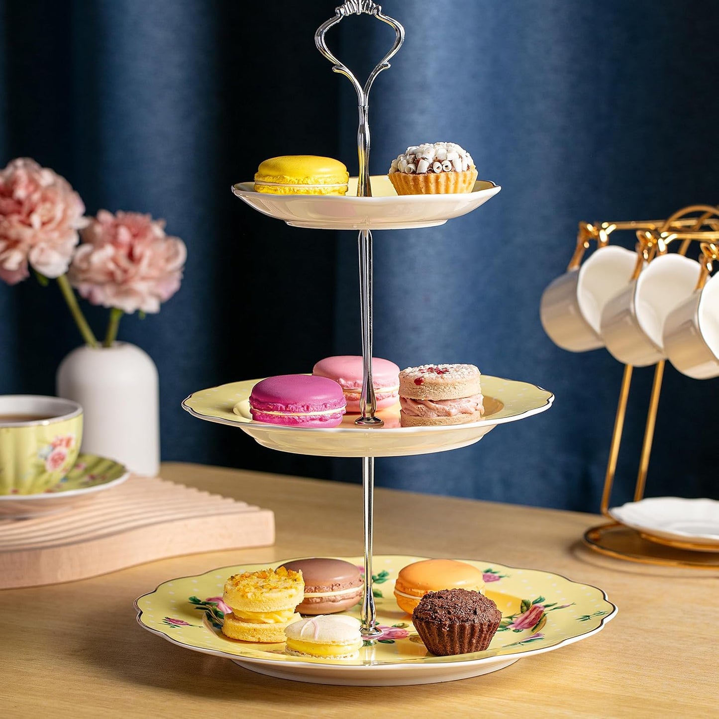 BTaT- 3 Tier Dessert Stand, Yellow, Afternoon Tea Stand, Porcelai Dessert Tower