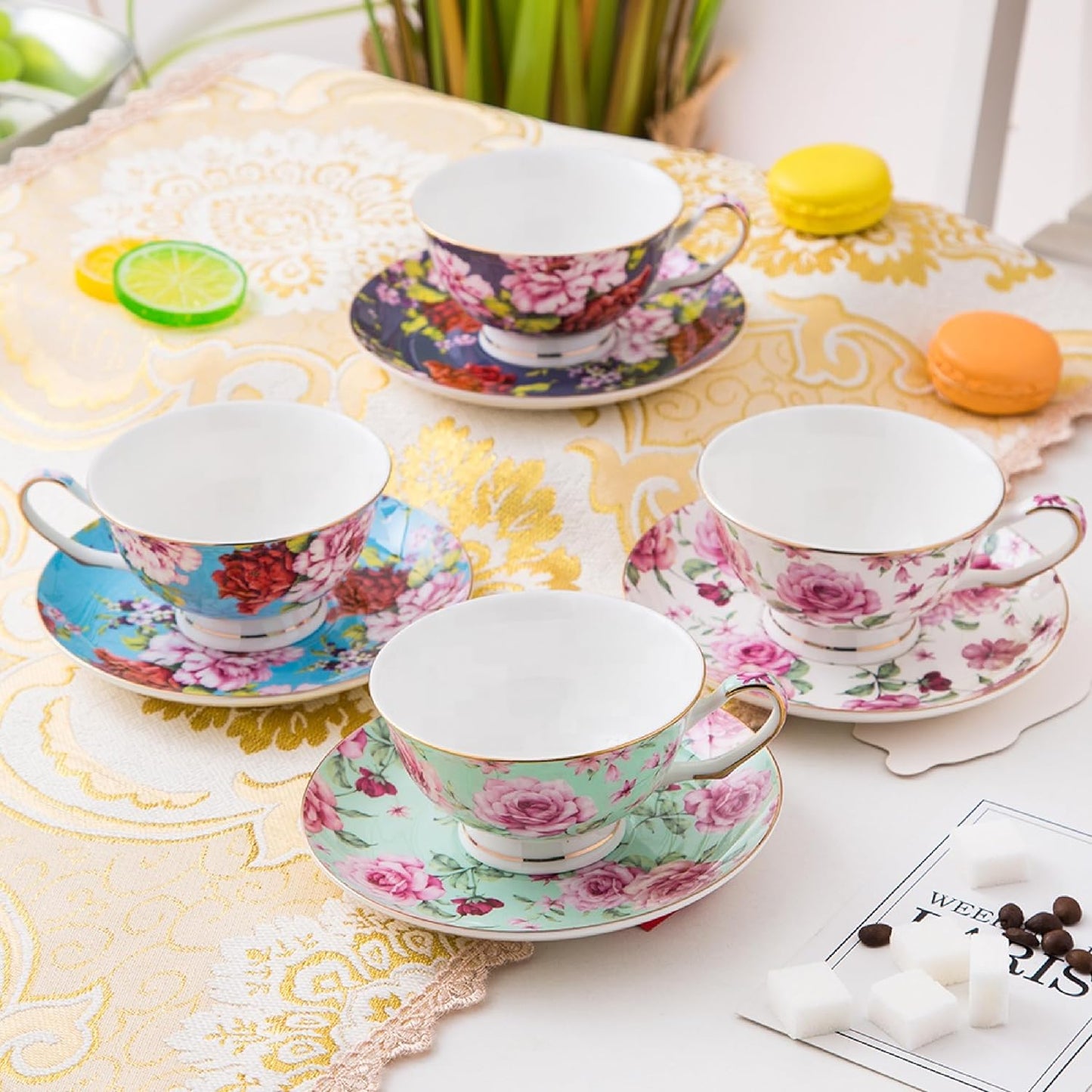 BTaT- Floral Tea Cups and Saucers with Gift Box, 8 oz, Tea Cups Set of 4