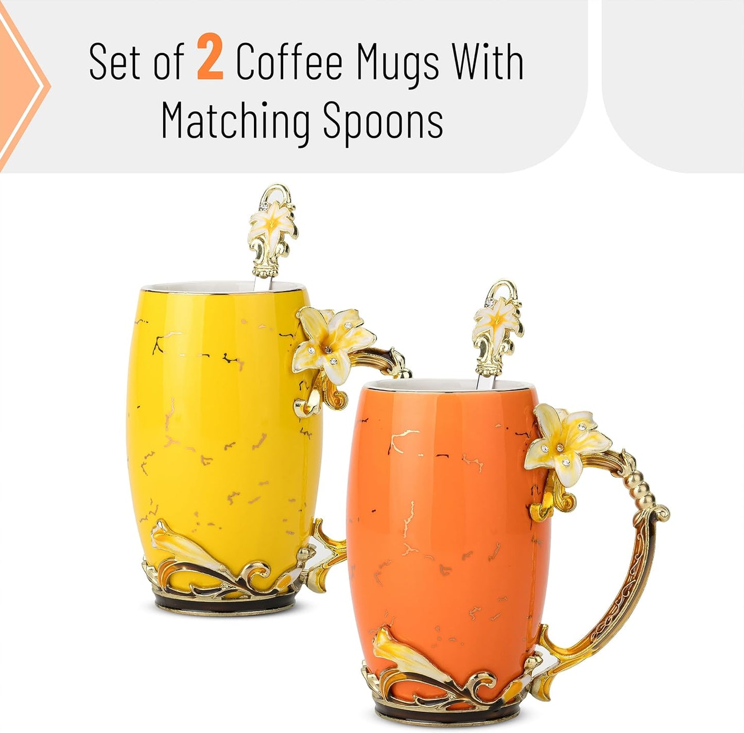 BTaT - Floral Ceramic Mugs with Spoon, Set of 2, Fancy Coffee Mugs with Spoon