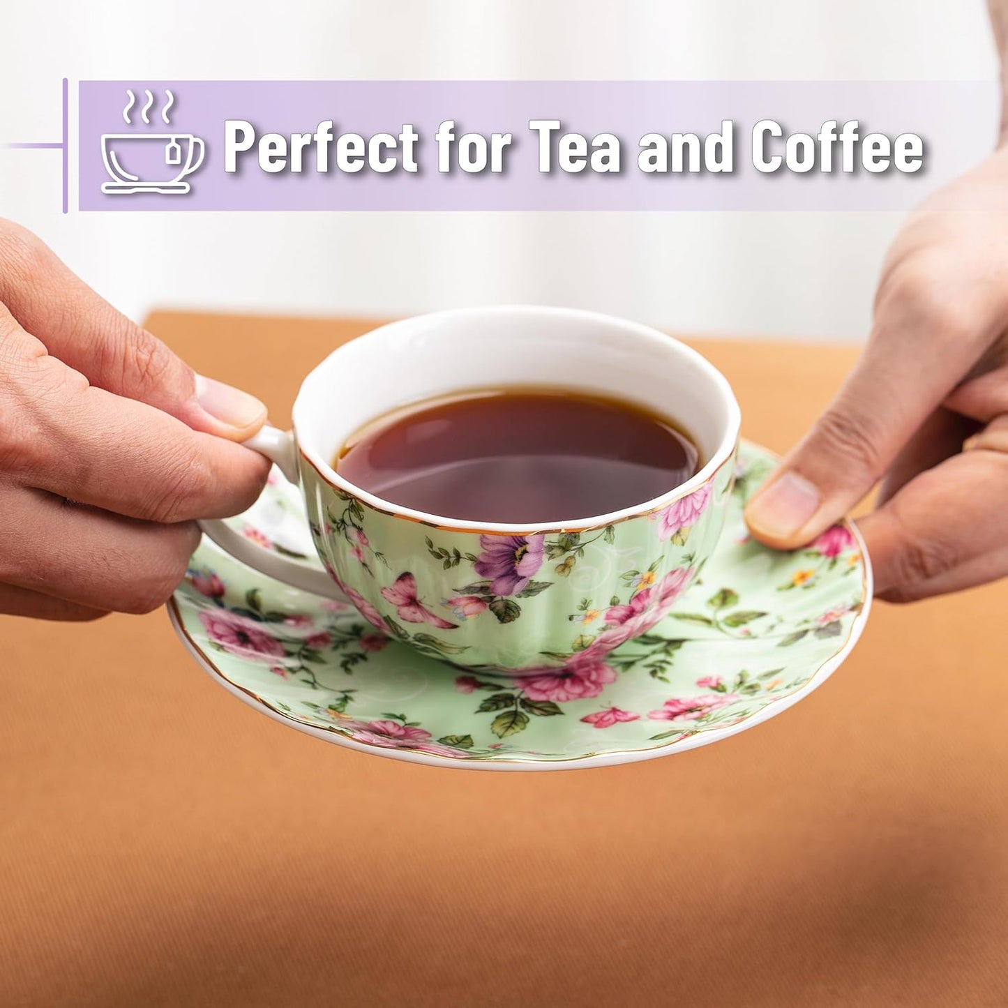 BTaT- Floral Tea Cups and Saucers, 7 oz, Tea Cups Set of 6, Porcelain Tea Cups