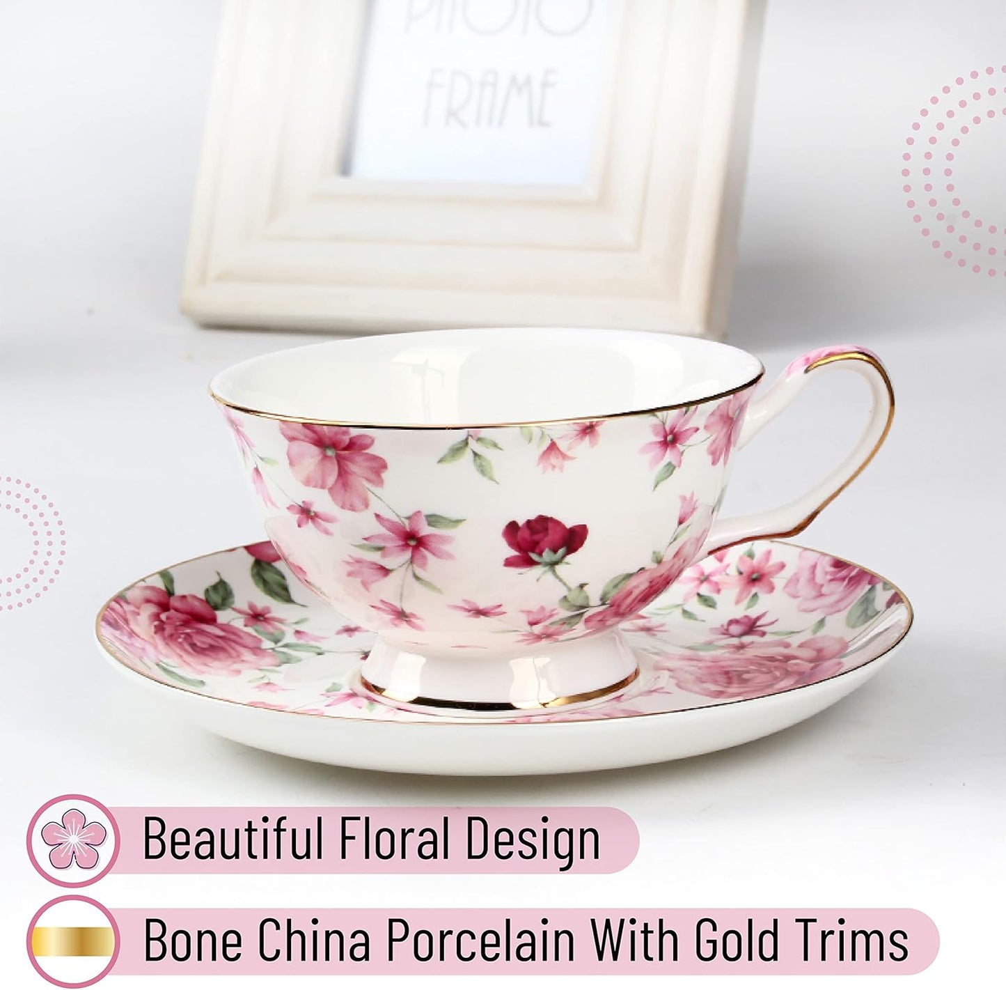 BTaT- Tea Cups, Tea Cups and Saucers Set of 6, Tea Set, Floral Tea Cups (8oz)