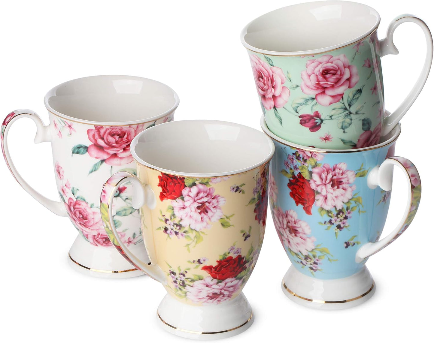 BTaT- Coffee Mugs, 12 oz, Set of 4, Floral Mugs, Porcelain Bone China, Tea Mug, Coffee Cups