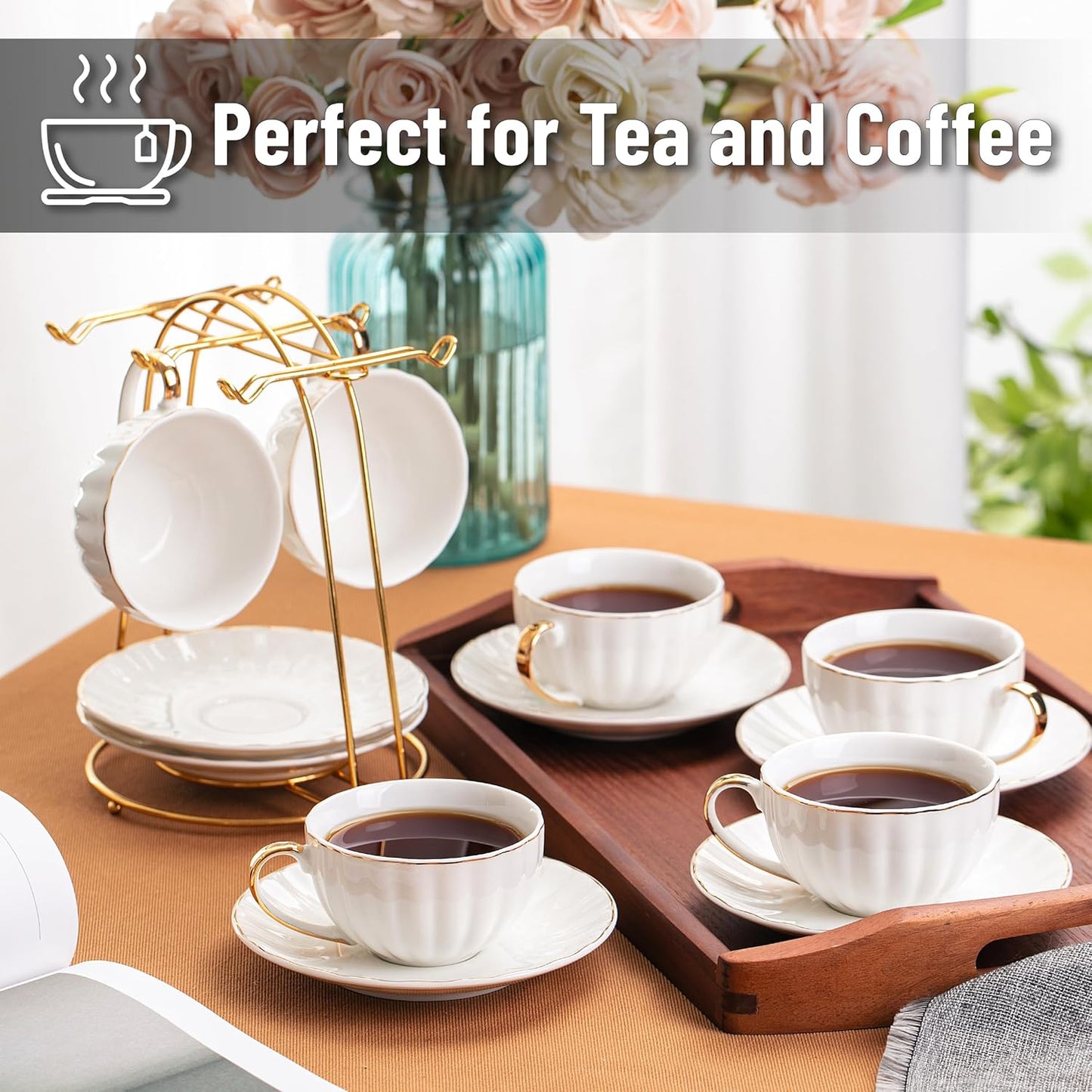 BTaT- White Tea Cups and Saucers with Gift Box, 7oz, Set of 6 Tea Cups Set of 6 with Gold Rim