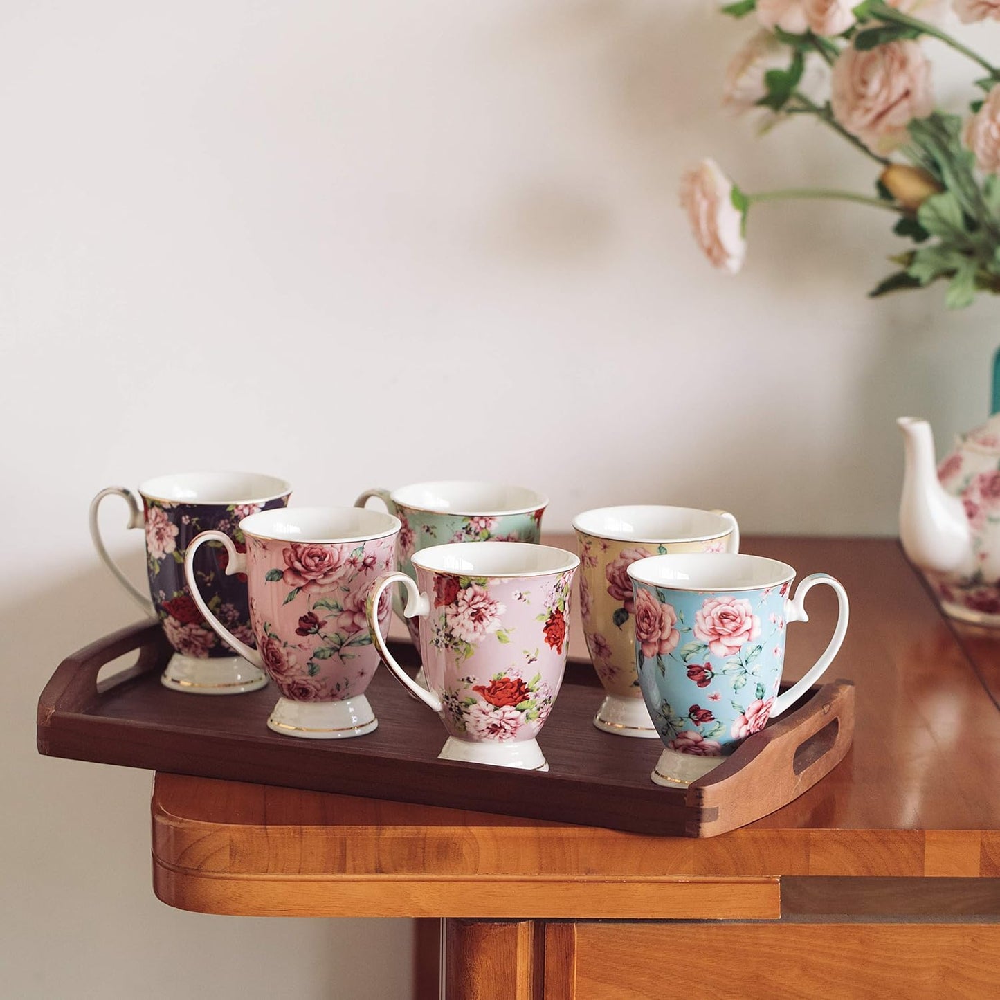 BTaT- Coffee Mugs, 12 oz, Set of 6, Floral Mugs, Porcelain Bone China, Tea Mug