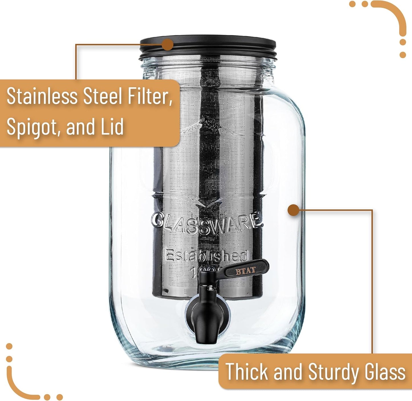 BTaT- Cold Brew Coffee Maker, 1 Gallon, Black, Mason Jar Cold Brew Maker, Cold Brewer Coffee Maker