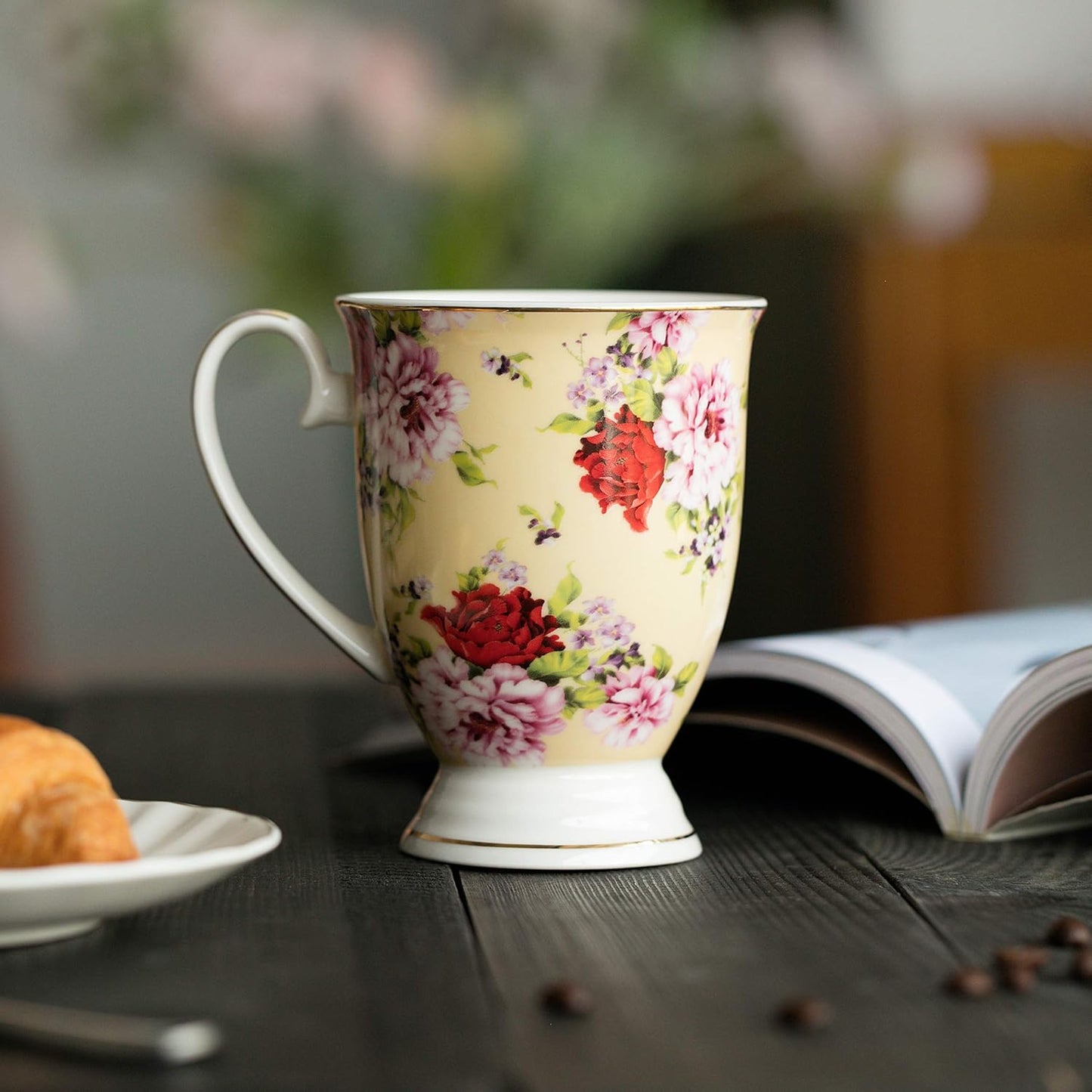 BTaT- Coffee Mugs, 12 oz, Set of 4, Floral Mugs, Porcelain Bone China, Tea Mug, Coffee Cups