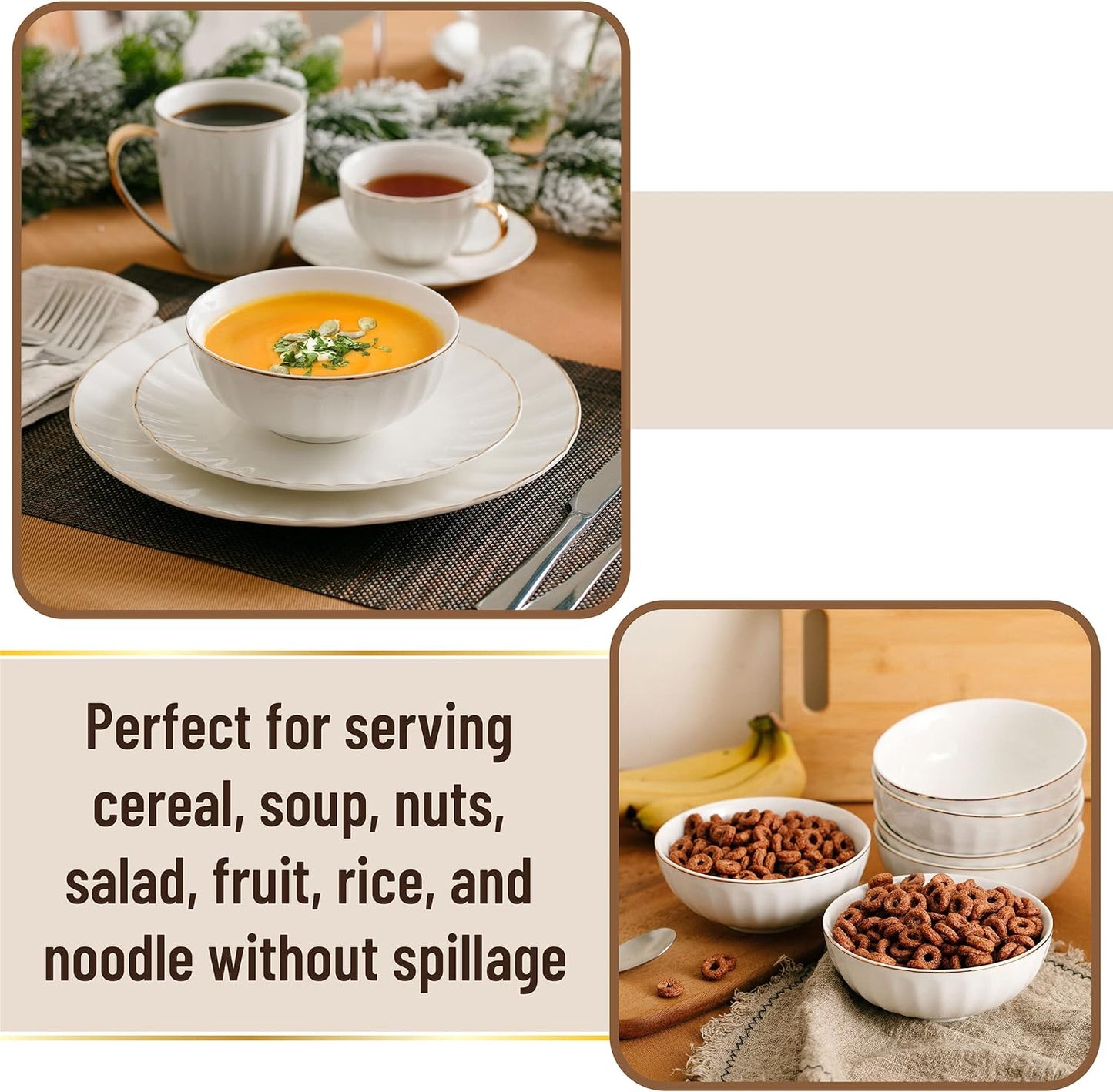 BTaT- White Porcelain Bowls with Gold Trim, 16 OZ, Set of 6, White Bowls Set of 6