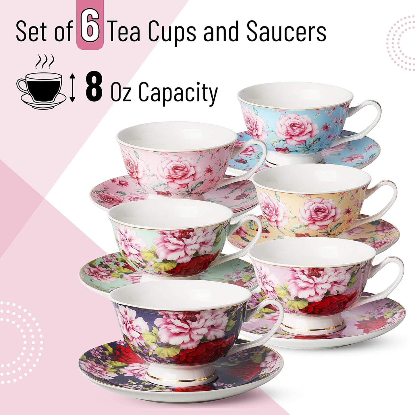 BTaT- Tea Cups, Tea Cups and Saucers Set of 6, Tea Set, Floral Tea Cups (8oz)