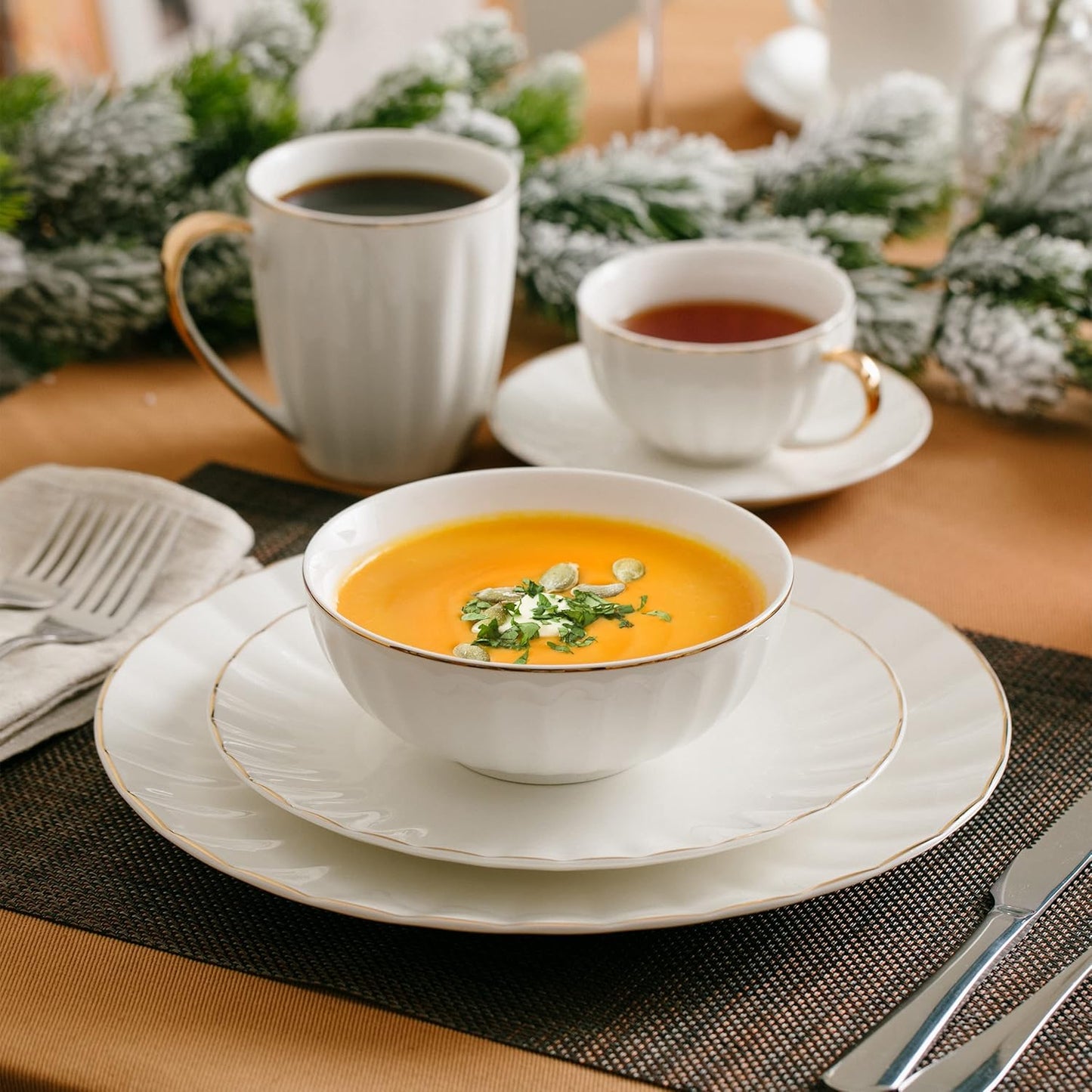 BTaT- White Porcelain Bowls with Gold Trim, 16 OZ, Set of 6, White Bowls Set of 6