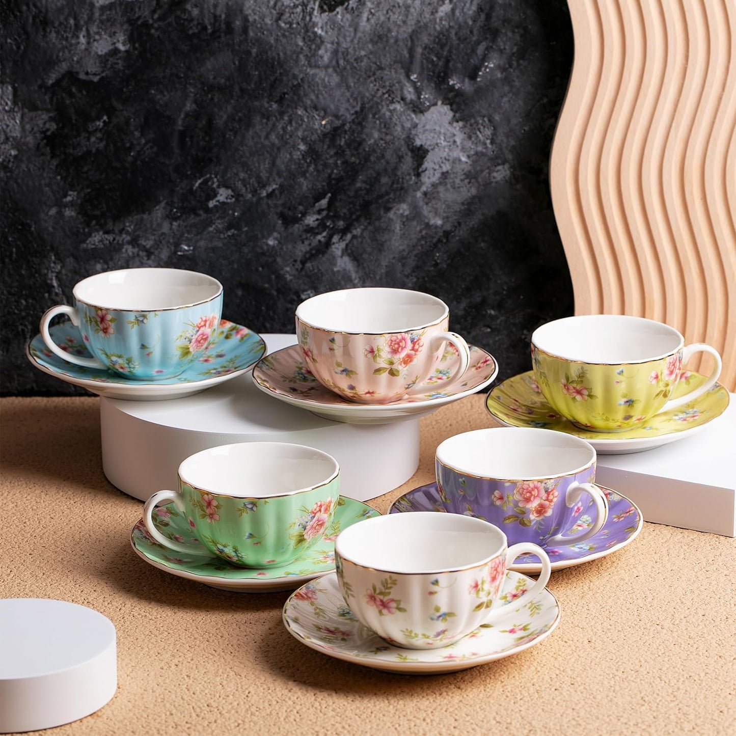 BTaT- Tea Cups and Saucers Set of 6, Tea Set, Floral Tea Cups (7oz), Porcelain Tea Cups for Tea Party