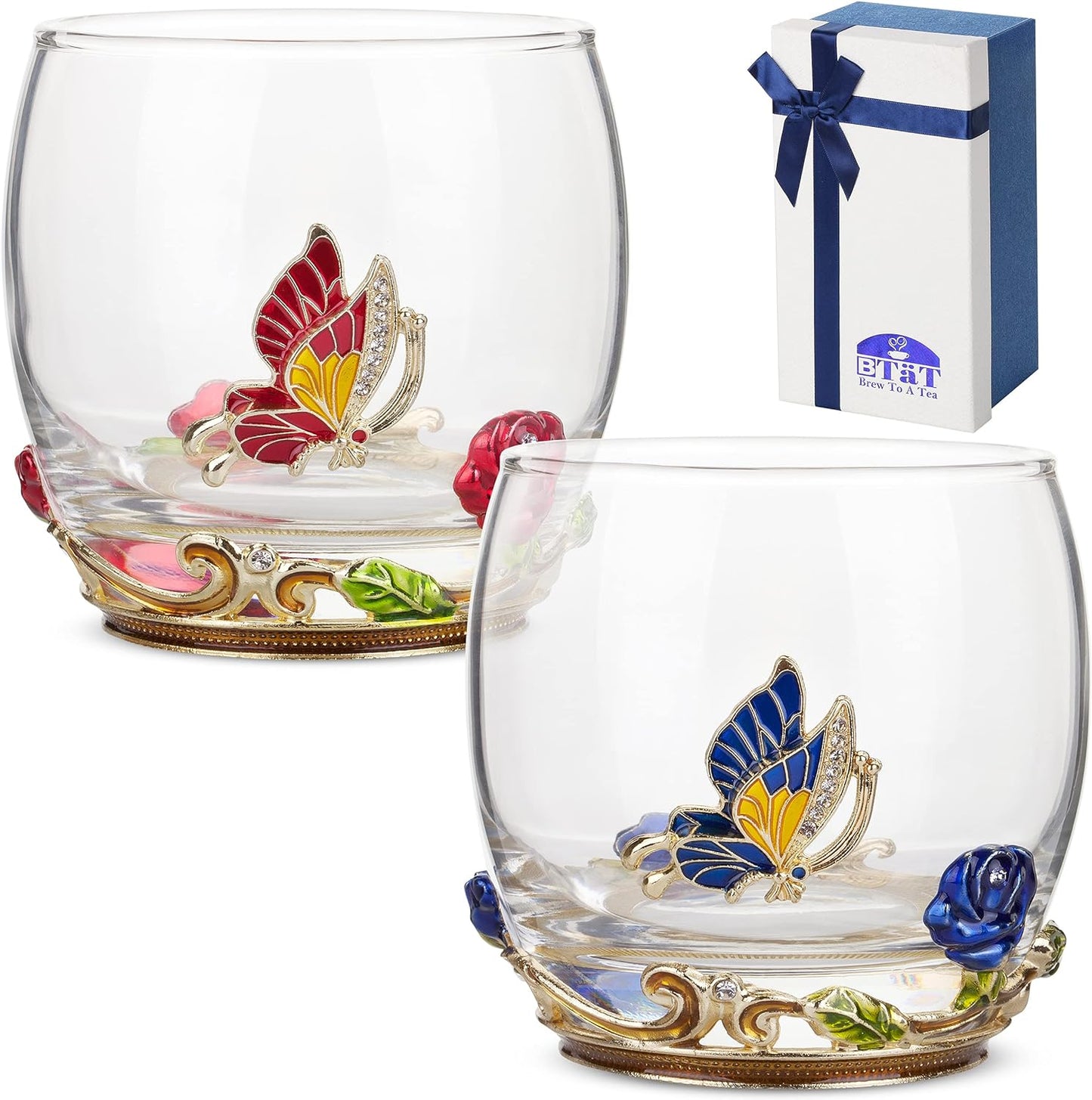 BTaT- Floral Stemless Wine Glasses, 10 oz, Set of 2