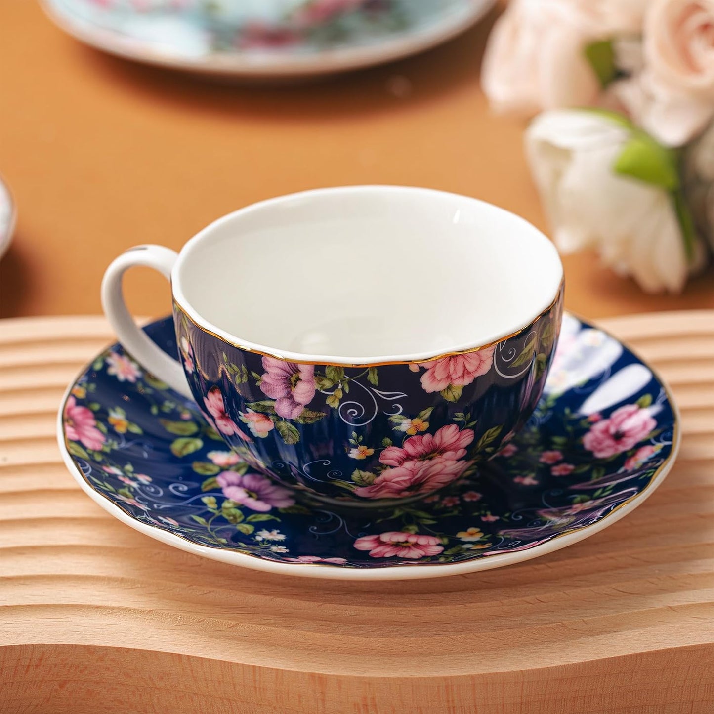 BTaT- Floral Tea Cups and Saucers, 7 oz, Tea Cups Set of 6, Porcelain Tea Cups