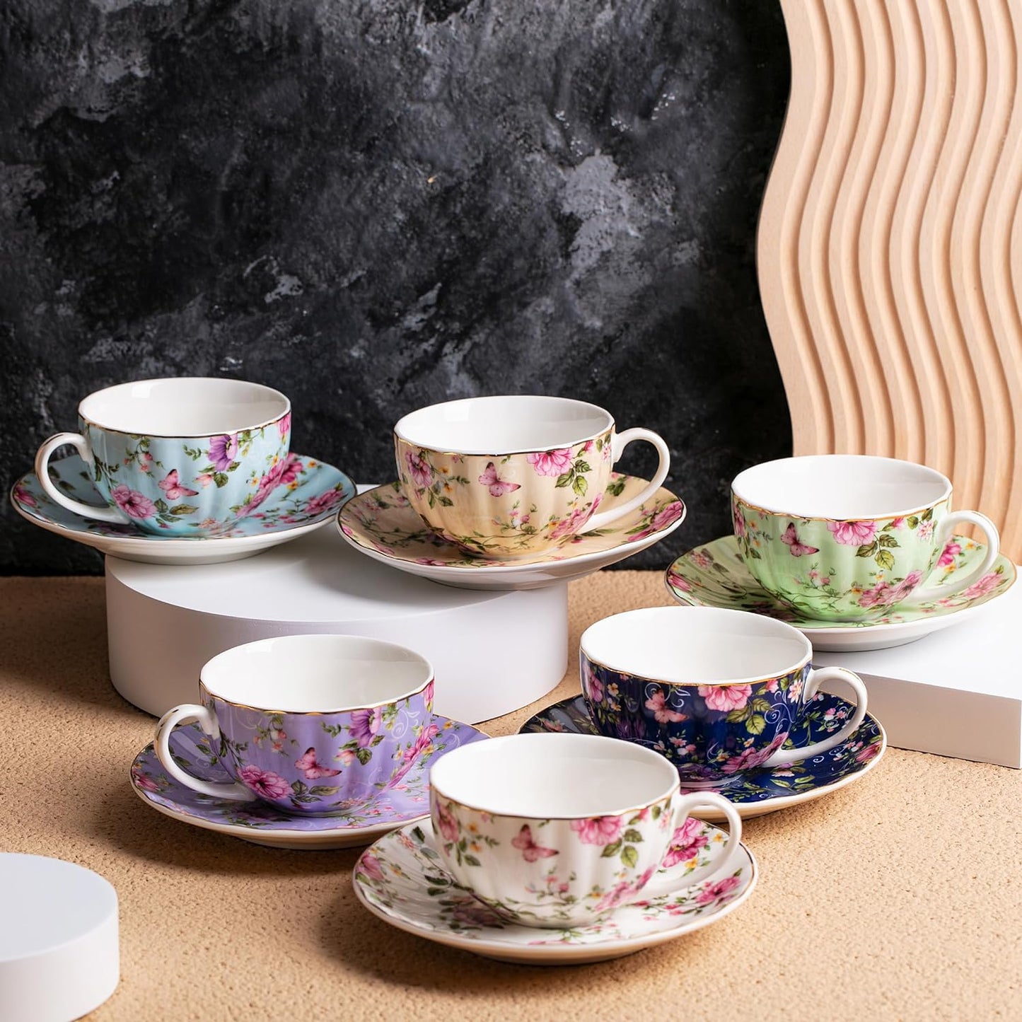 BTaT- Floral Tea Cups and Saucers, 7 oz, Tea Cups Set of 6, Porcelain Tea Cups