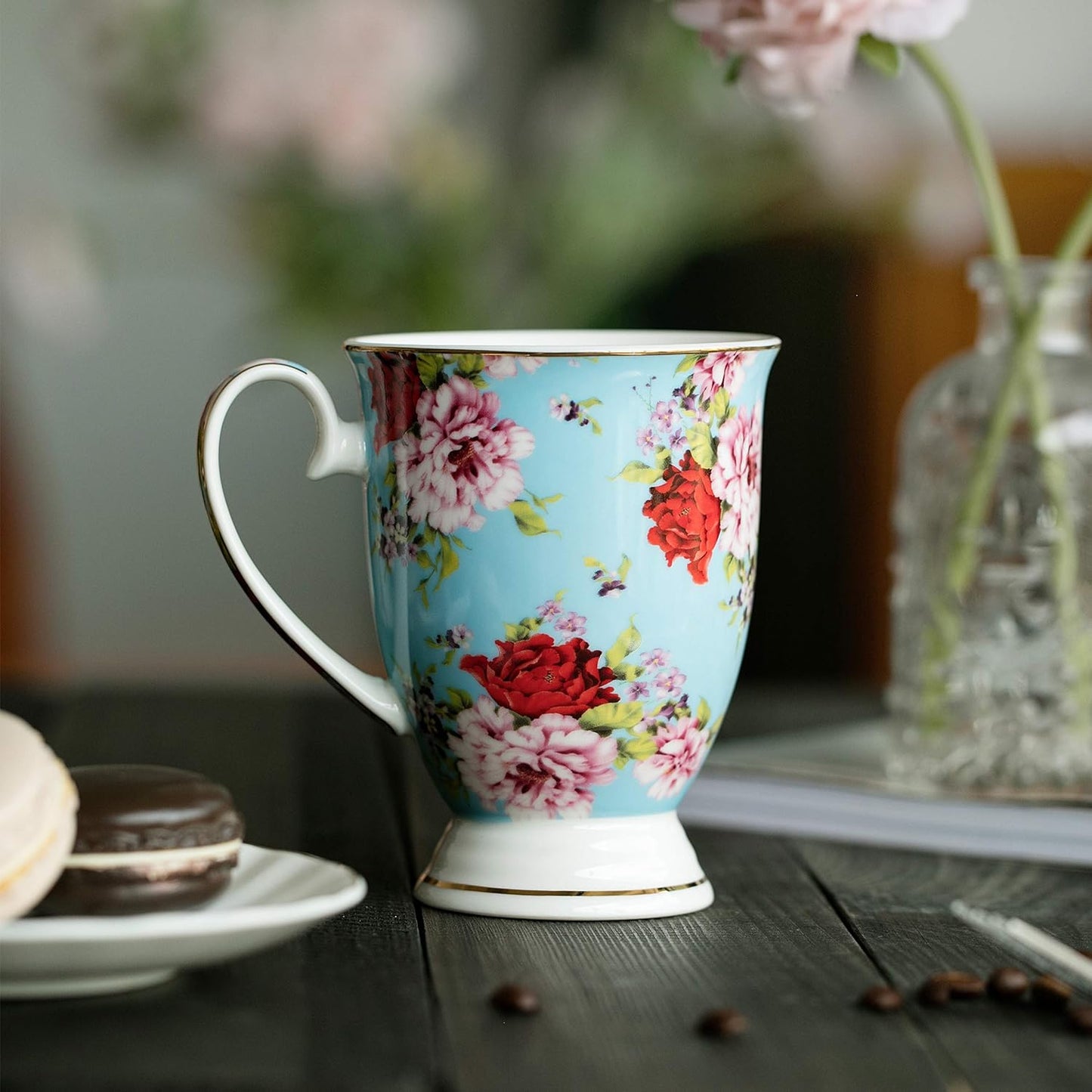 BTaT- Coffee Mugs, 12 oz, Set of 4, Floral Mugs, Porcelain Bone China, Tea Mug, Coffee Cups