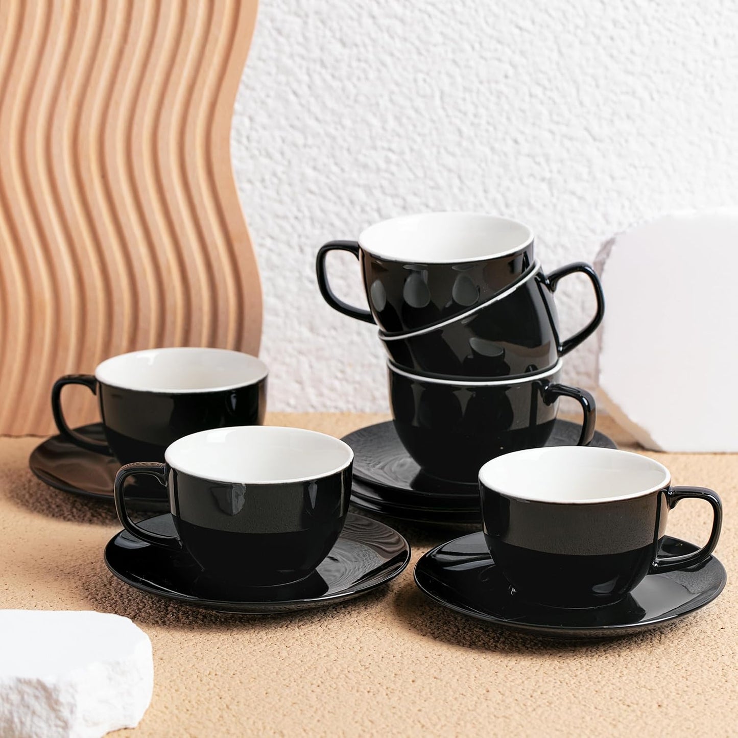 BTaT- Tea Cups and Saucers, 6oz, Tea Cups Set of 6, Porcelain Tea Cups, Black Cup & Saucer Sets