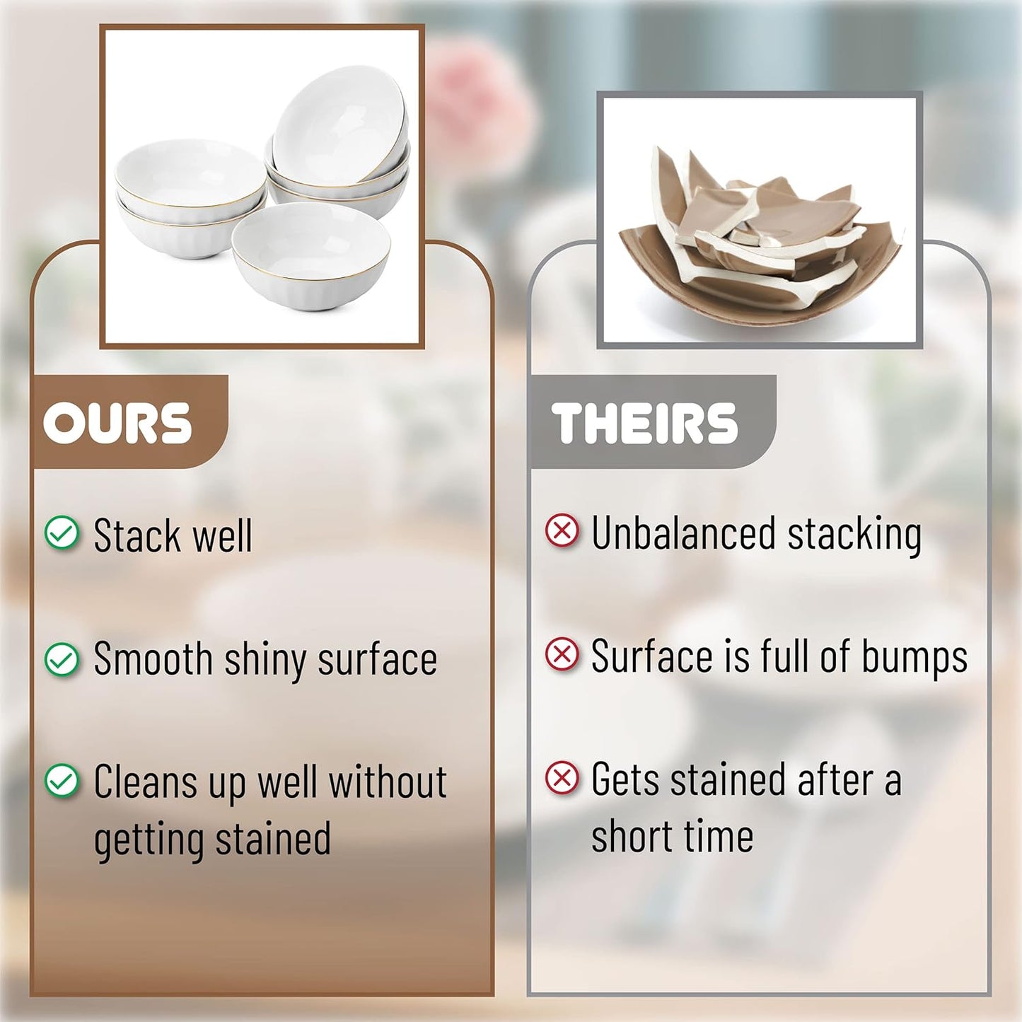 BTaT- White Porcelain Bowls with Gold Trim, 16 OZ, Set of 6, White Bowls Set of 6