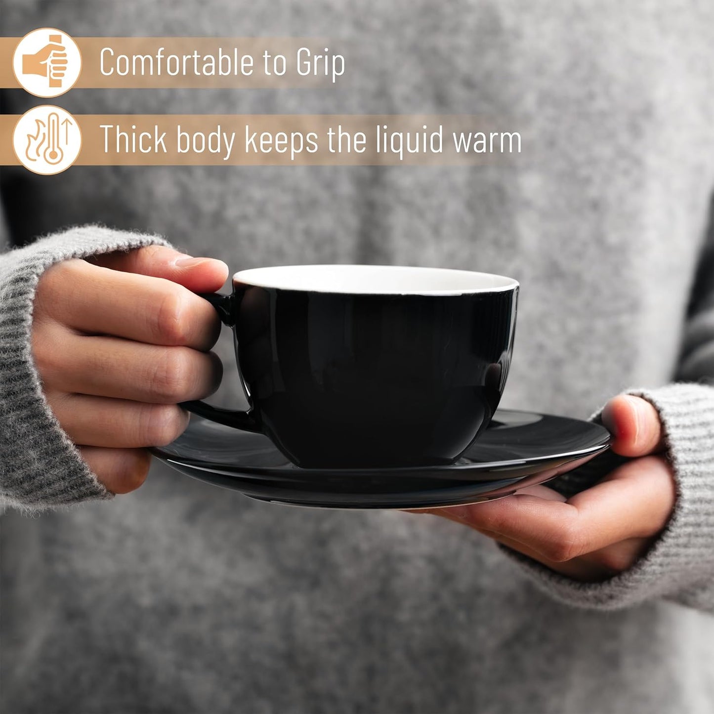 BTaT- Tea Cups and Saucers, 6oz, Tea Cups Set of 6, Porcelain Tea Cups, Black Cup & Saucer Sets