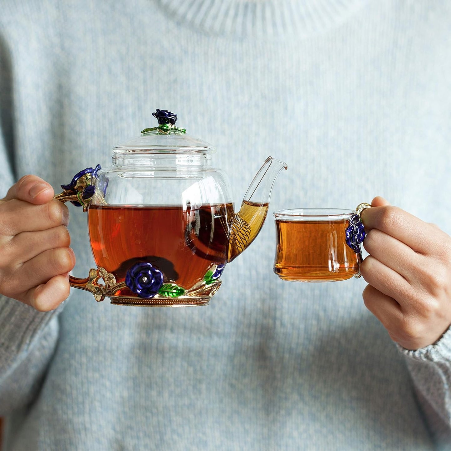 BTaT- Floral Glass Tea Set, 2 Fancy Cups, Tea Pot Glass, Tea Pot, Glass Teapo
