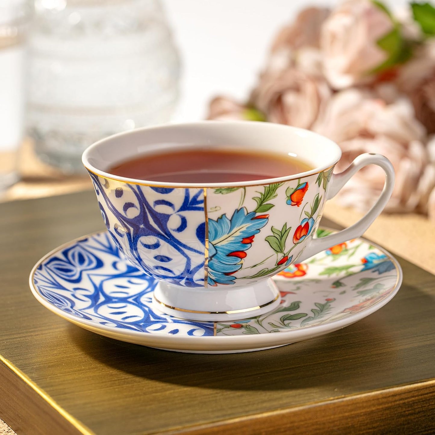 BTaT- Floral Tea Cups and Saucers, 8 oz, Tea Cups Set of 6, Porcelain Tea Cups, Cup & Saucer Sets, Tea Cup Set of 6, Tea Cup Sets for Adults