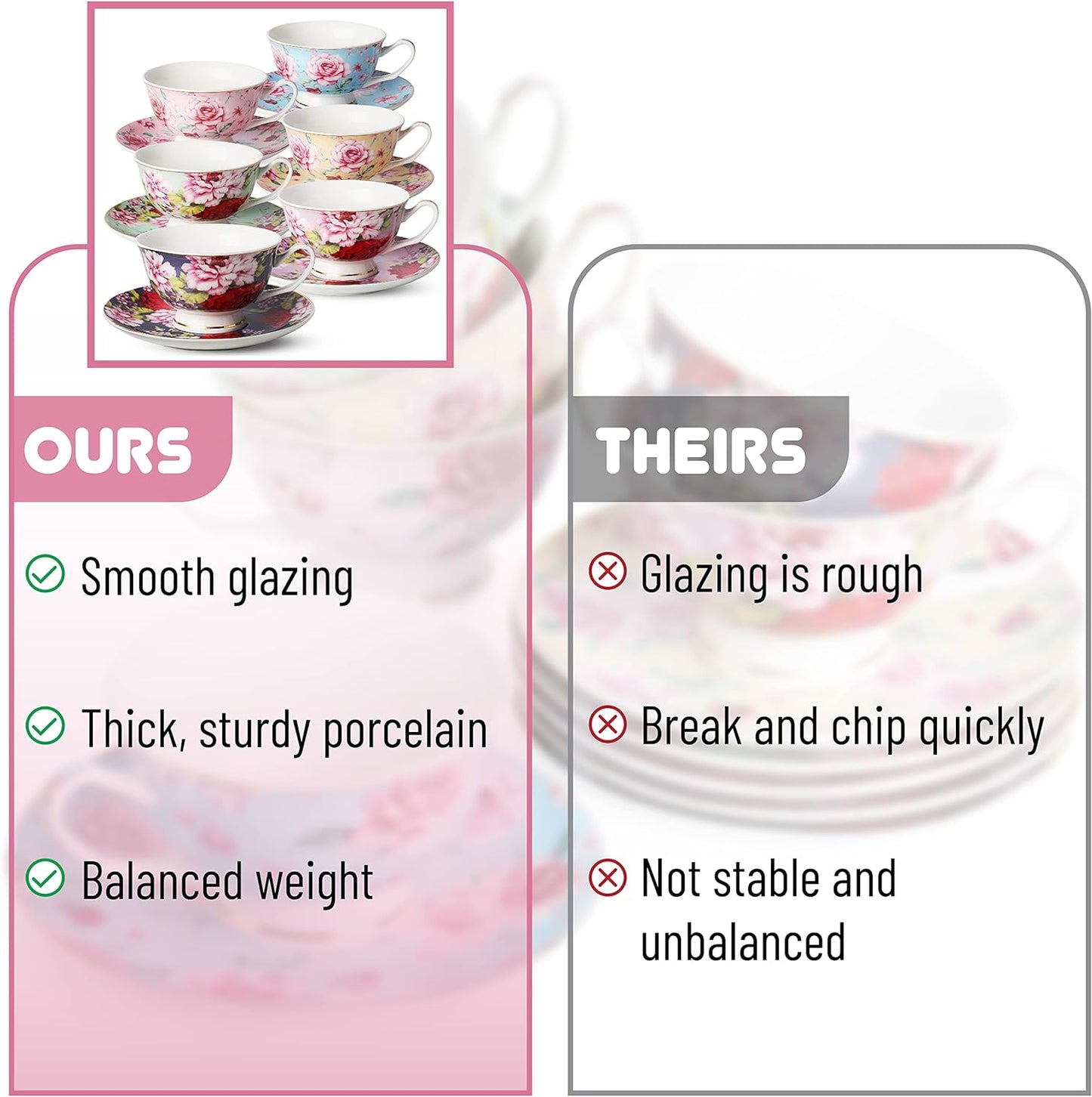 BTaT- Tea Cups, Tea Cups and Saucers Set of 6, Tea Set, Floral Tea Cups (8oz)