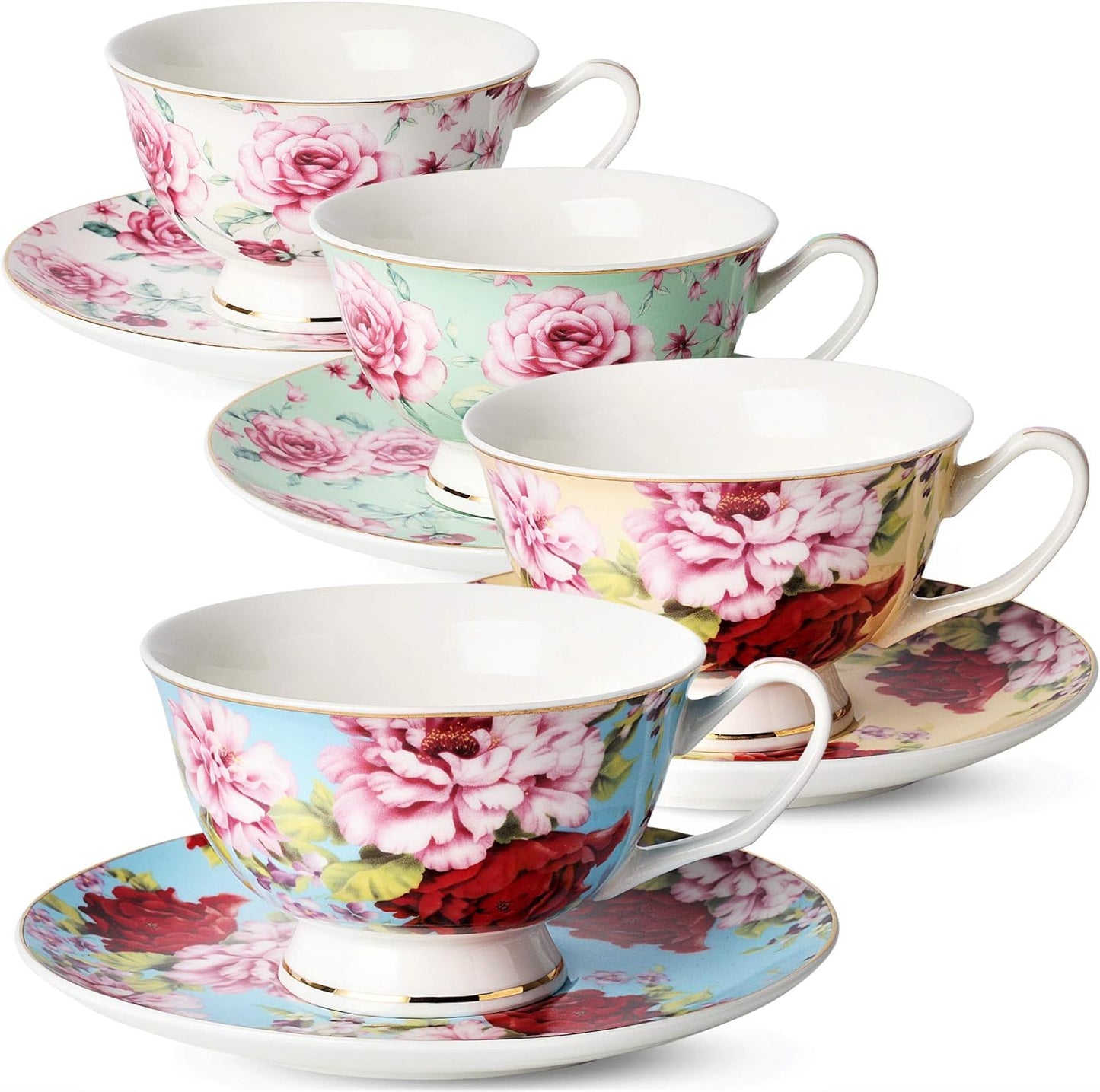 BTaT- Floral Tea Cups and Saucers, Set of 4 (8oz) with Gold Trim and Gift Box, Cappuccino Cups, Latte Cups