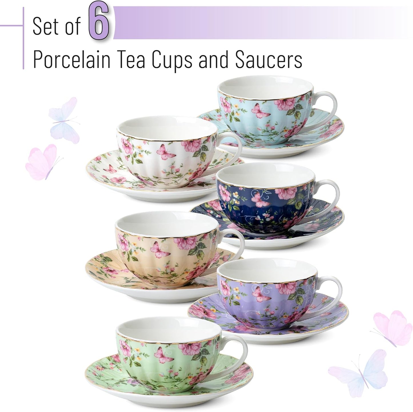 BTaT- Floral Tea Cups and Saucers, 7 oz, Tea Cups Set of 6, Porcelain Tea Cups