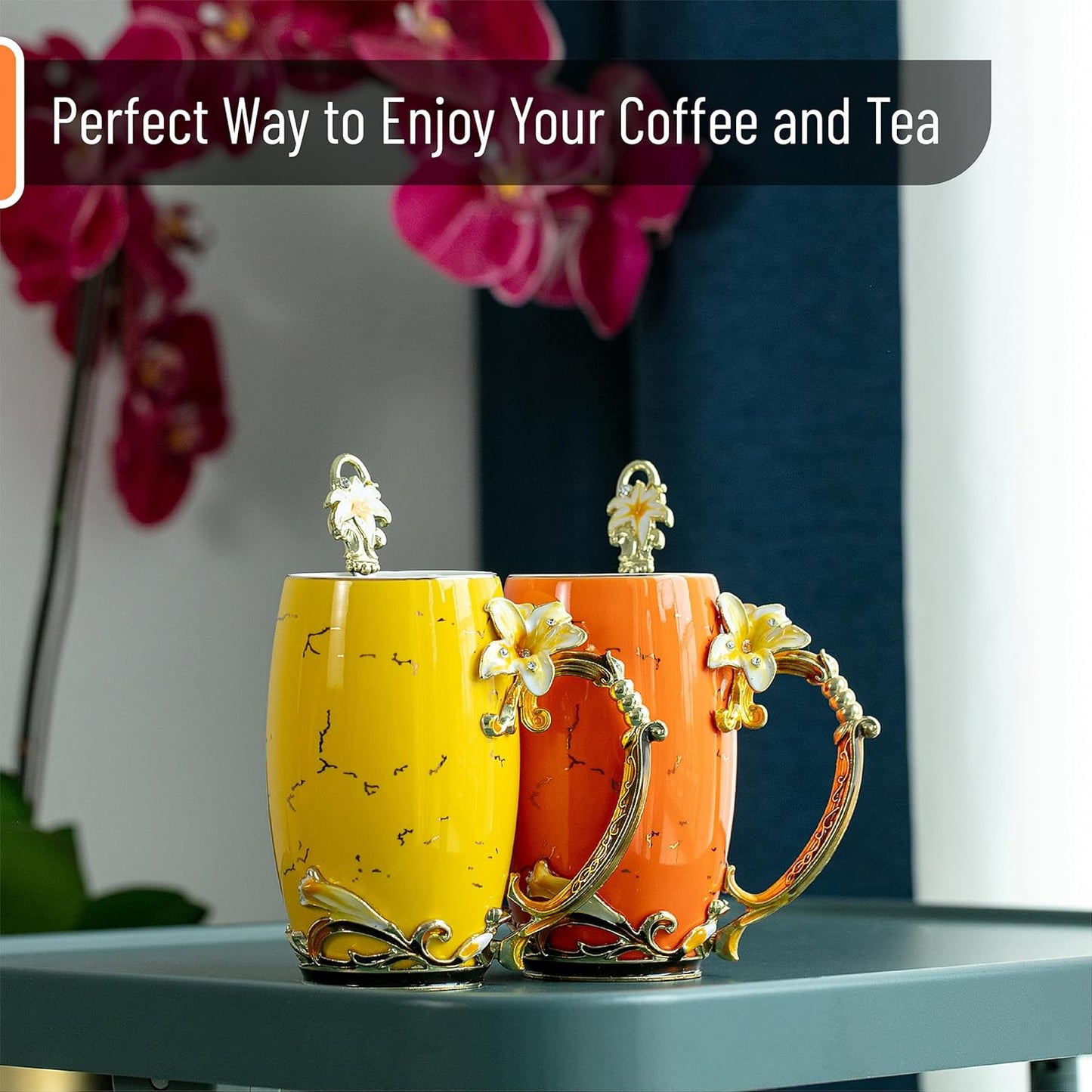 BTaT - Floral Ceramic Mugs with Spoon, Set of 2, Fancy Coffee Mugs with Spoon