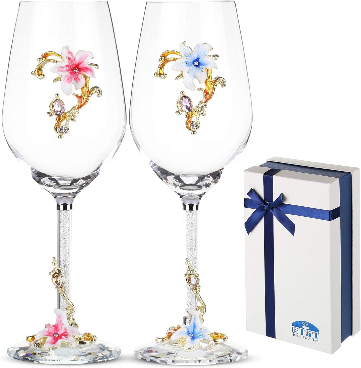 BTaT - Fancy Wine Glasses, 17oz, Set of 2, Floral Wine Glass, Flower Wine Glass