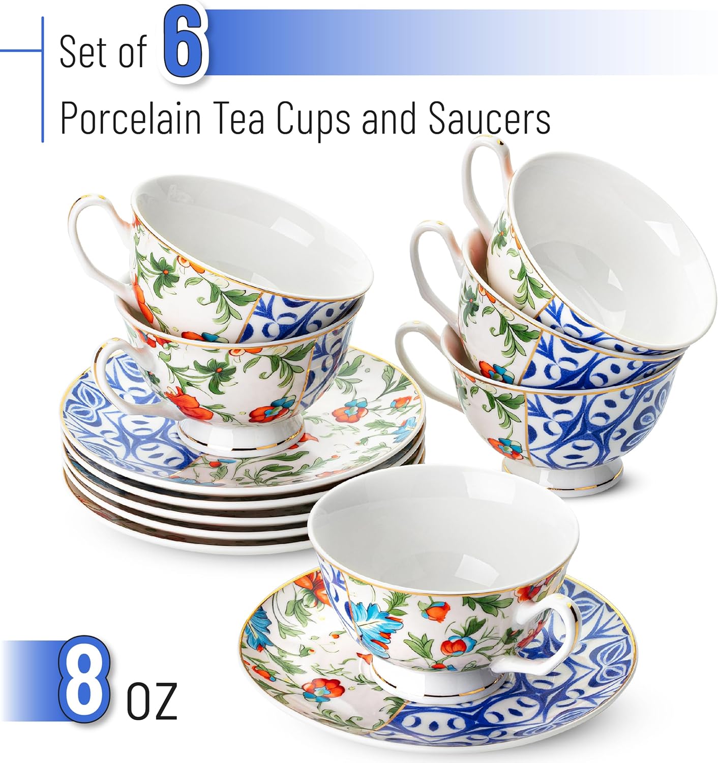 BTaT- Floral Tea Cups and Saucers, 8 oz, Tea Cups Set of 6, Porcelain Tea Cups, Cup & Saucer Sets, Tea Cup Set of 6, Tea Cup Sets for Adults