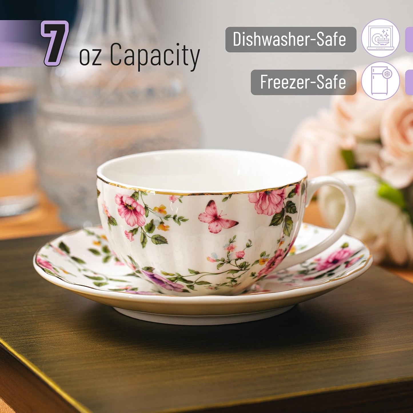 BTaT- Floral Tea Cups and Saucers, 7 oz, Tea Cups Set of 6, Porcelain Tea Cups