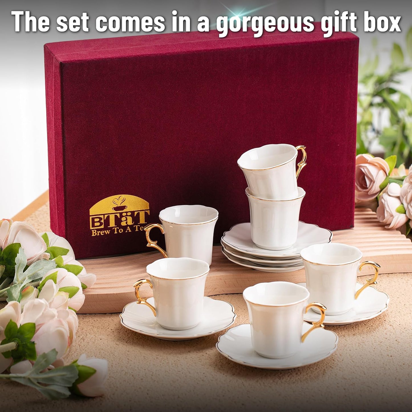 BTaT- Espresso Cups and Saucers with Gift Box, 2.4 oz, Set of 6