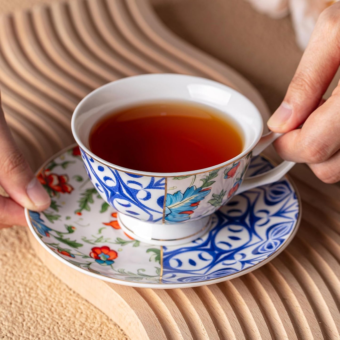BTaT- Floral Tea Cups and Saucers, 8 oz, Tea Cups Set of 6, Porcelain Tea Cups, Cup & Saucer Sets, Tea Cup Set of 6, Tea Cup Sets for Adults