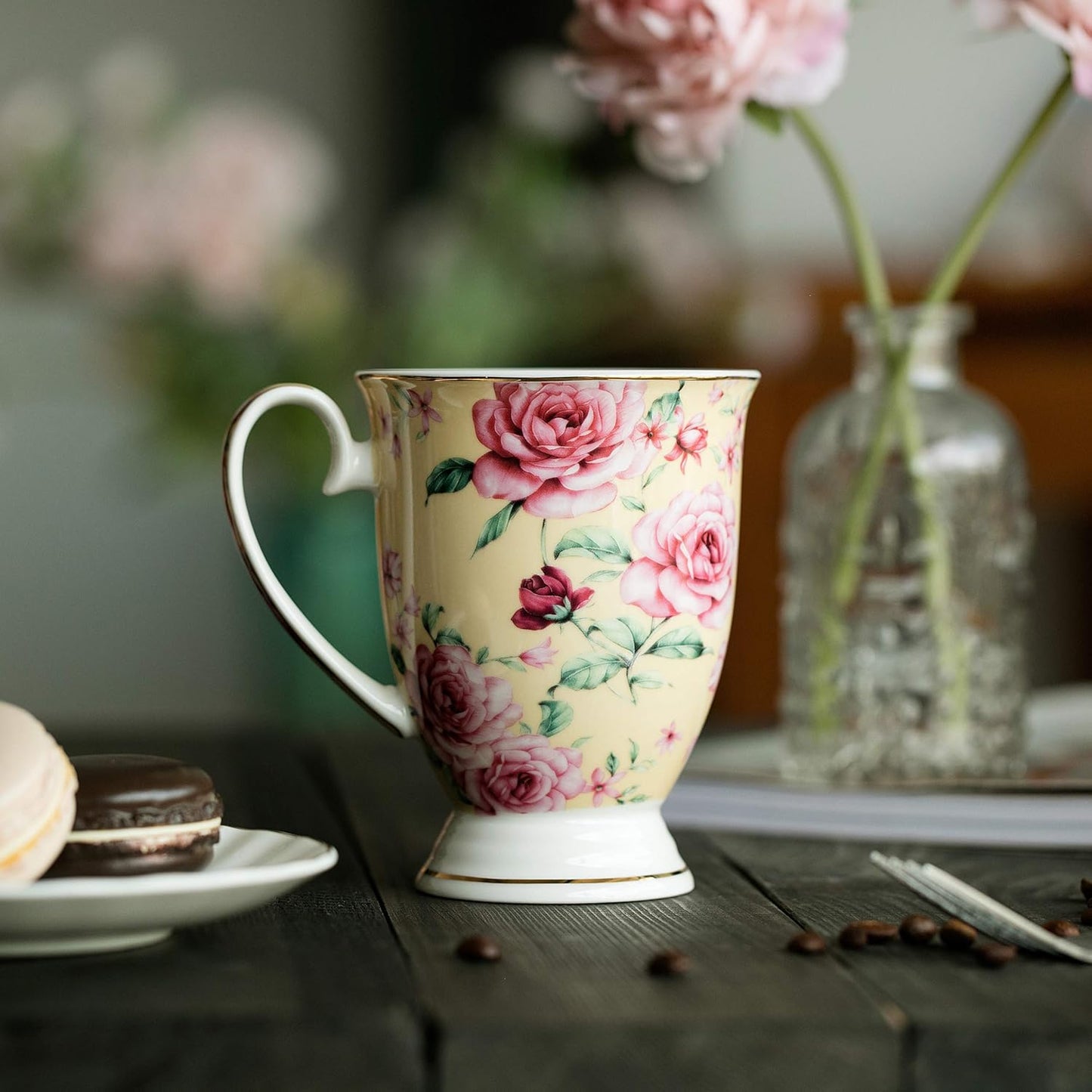BTaT- Coffee Mugs, 12 oz, Set of 6, Floral Mugs, Porcelain Bone China, Tea Mug