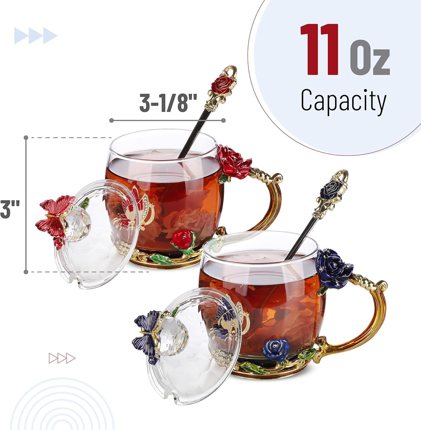 BTaT- Floral Glass Tea Cups with Lids, Pack of 2, Flower Tea Cups, Fancy Tea Cups