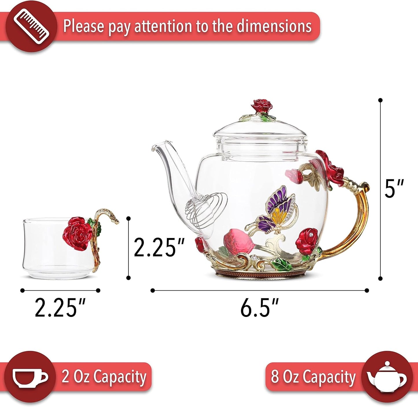 BTaT- Floral Glass Tea Set, 2 Fancy Cups, Small Glass Tea Set, Tea Pot Glass, Tea Kettle Set