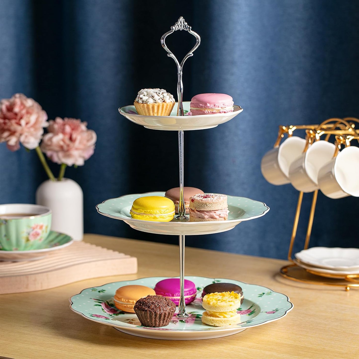 BTaT- 3-Tier Dessert Stand, Green, Afternoon Tea Stand, Porcelain Dessert Tower