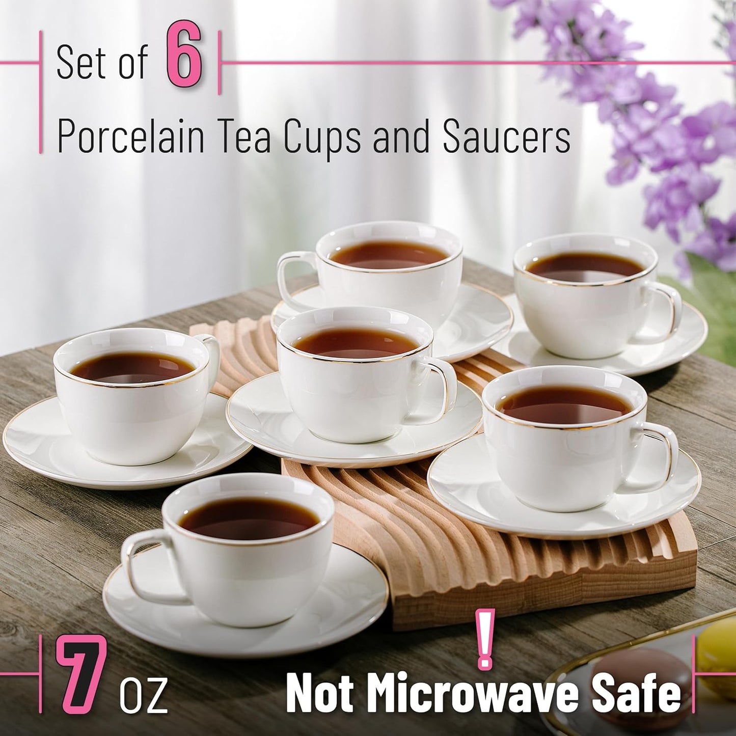 BTaT- Tea Cups and Saucers with Gold Trim, Set of 6, 7oz, White Porcelain Tea Cups