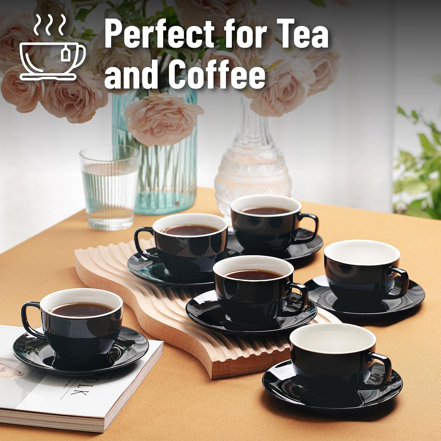 BTaT- Tea Cups and Saucers, 6oz, Tea Cups Set of 6, Porcelain Tea Cups, Black Cup & Saucer Sets