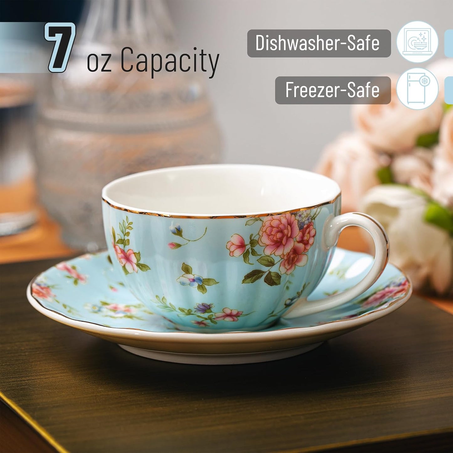 BTaT- Tea Cups and Saucers Set of 6, Tea Set, Floral Tea Cups (7oz), Porcelain Tea Cups for Tea Party