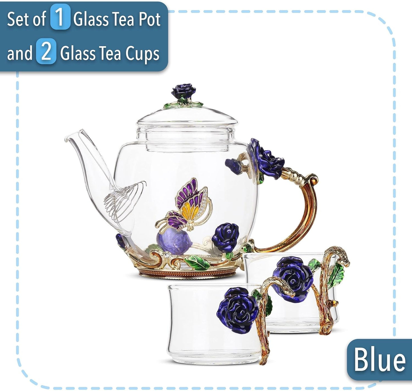 BTaT- Floral Glass Tea Set, 2 Fancy Cups, Tea Pot Glass, Tea Pot, Glass Teapo