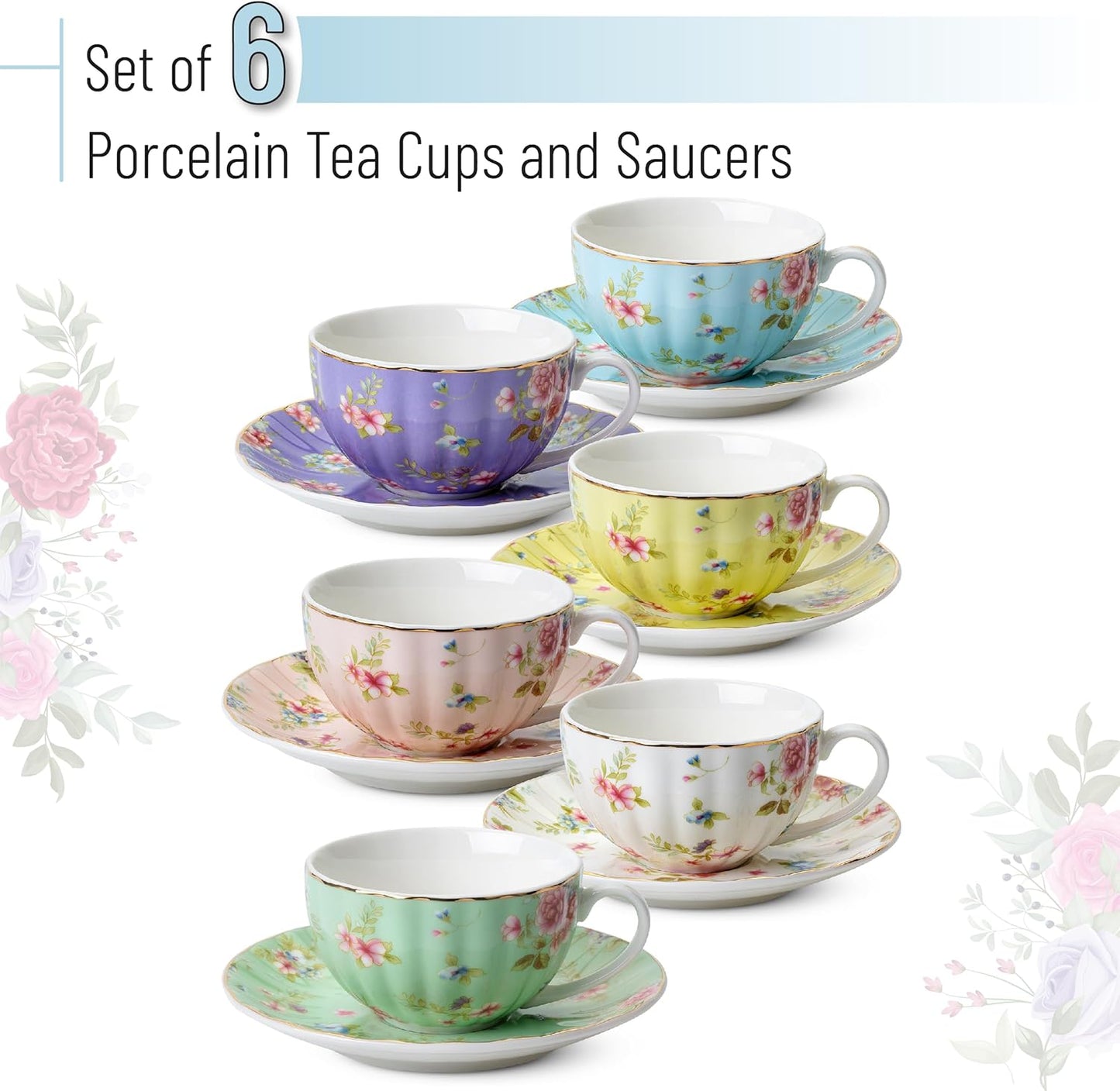 BTaT- Tea Cups and Saucers Set of 6, Tea Set, Floral Tea Cups (7oz), Porcelain Tea Cups for Tea Party